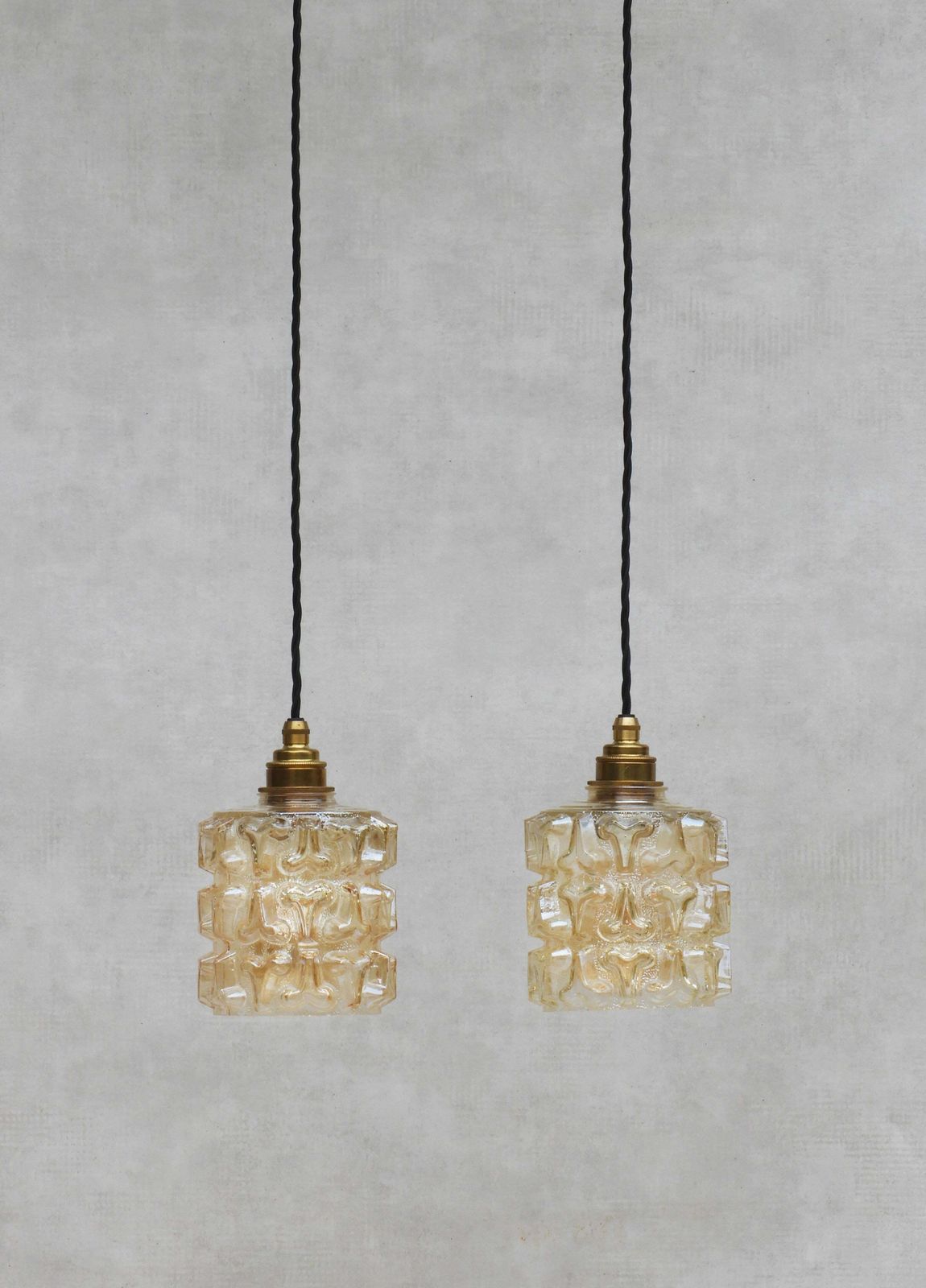 Pair French Mid Century Amber Glass Pendant Lights C1970 photo for sale