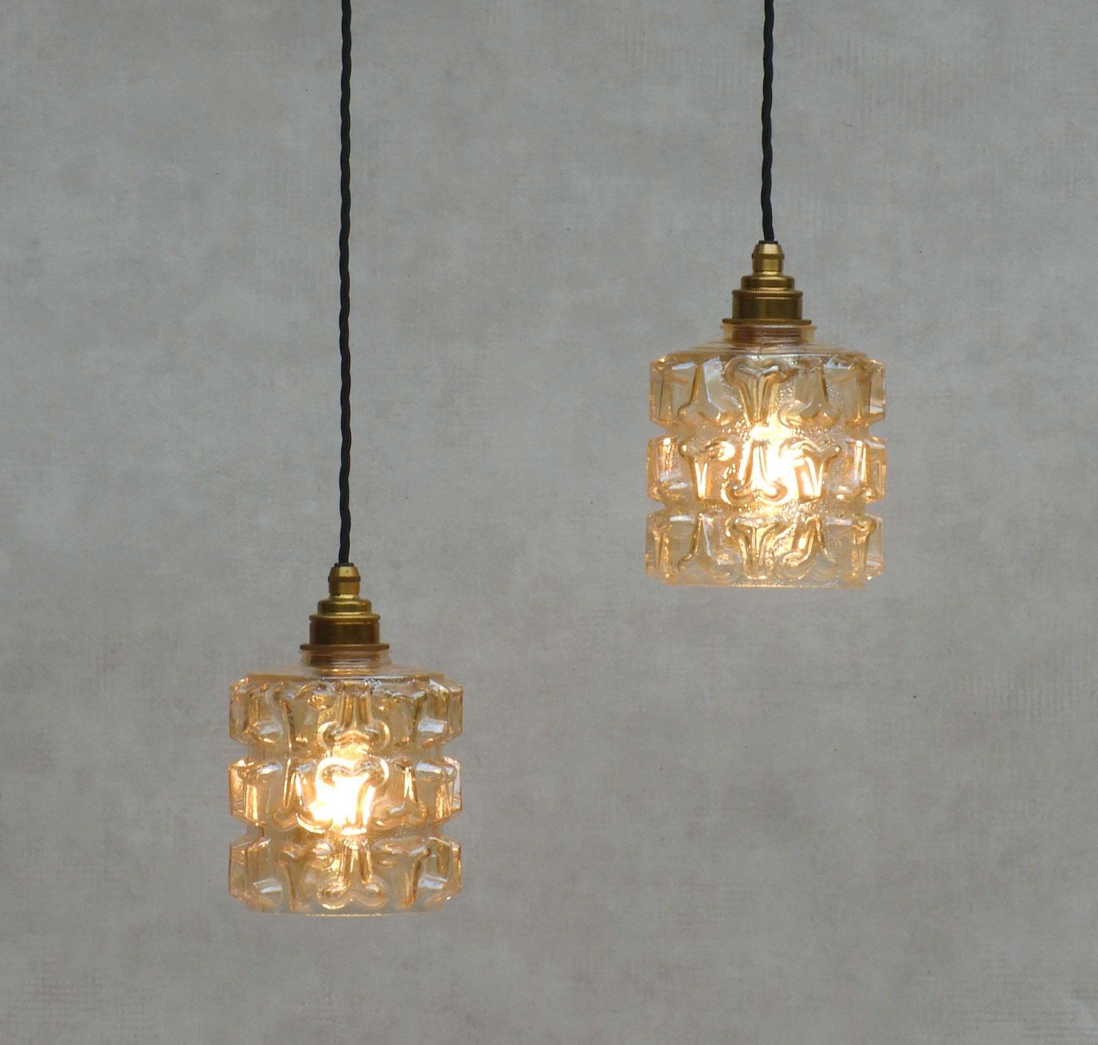 Pair French Mid Century Amber Glass Pendant Lights C1970 photo 854.0