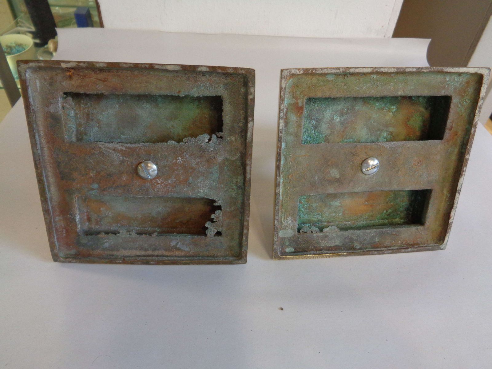Antique Pair Of Bronze Square Candle Holders photo Home Decor