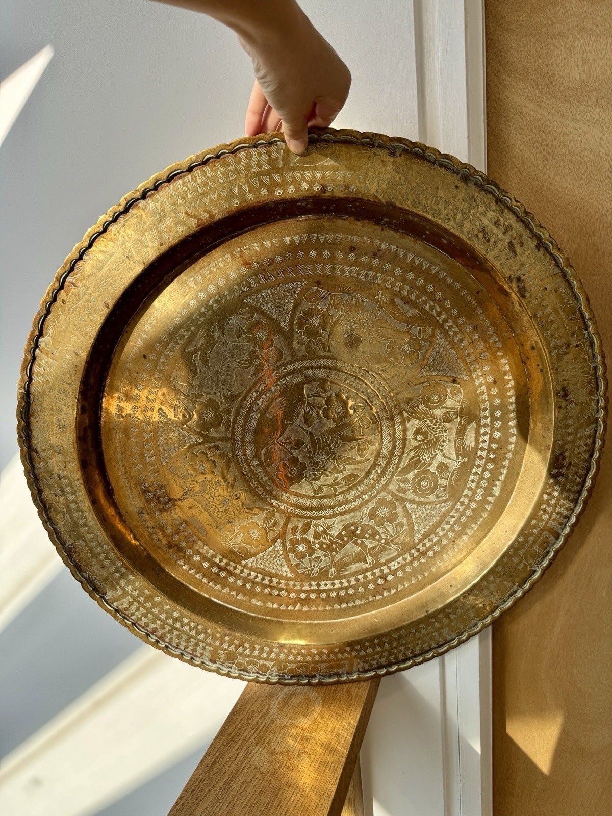 photo for sale Vintage Large Brass Hammered Tray Animals & Flowers Made In Hong Kong