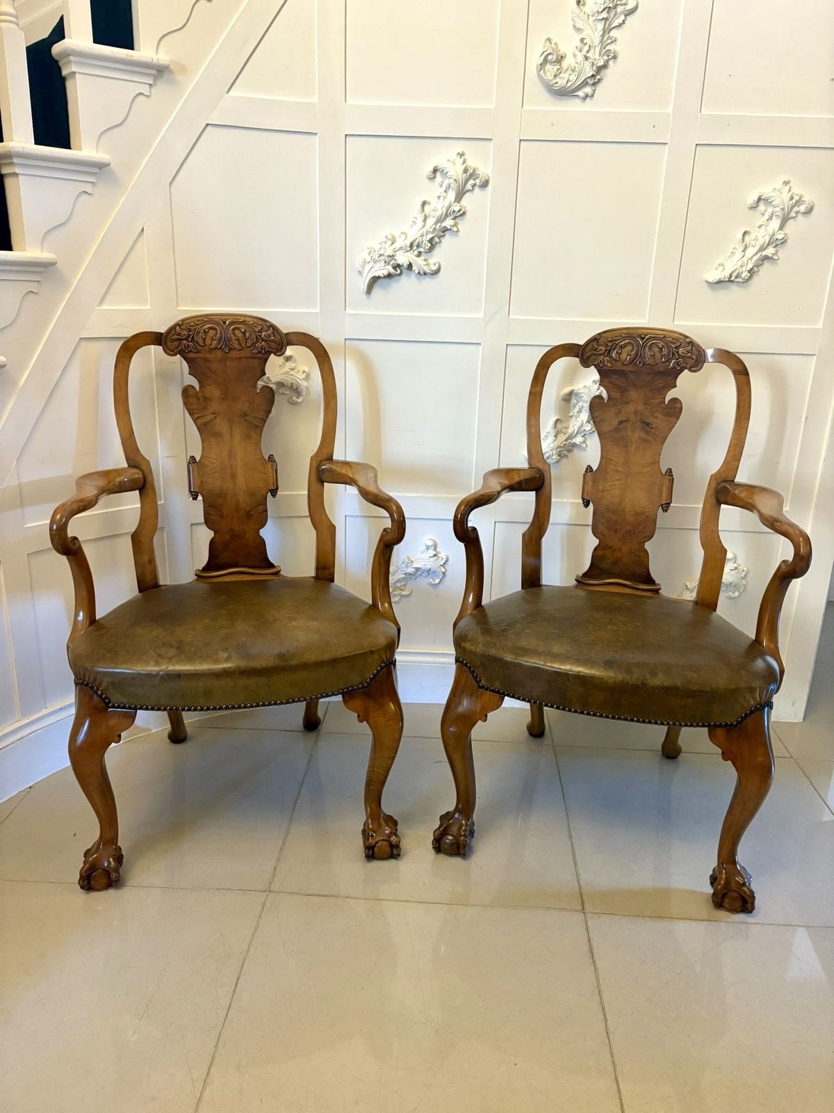 Outstanding Quality Pair Of Antique 19th Century Carved Walnut Office Chairs