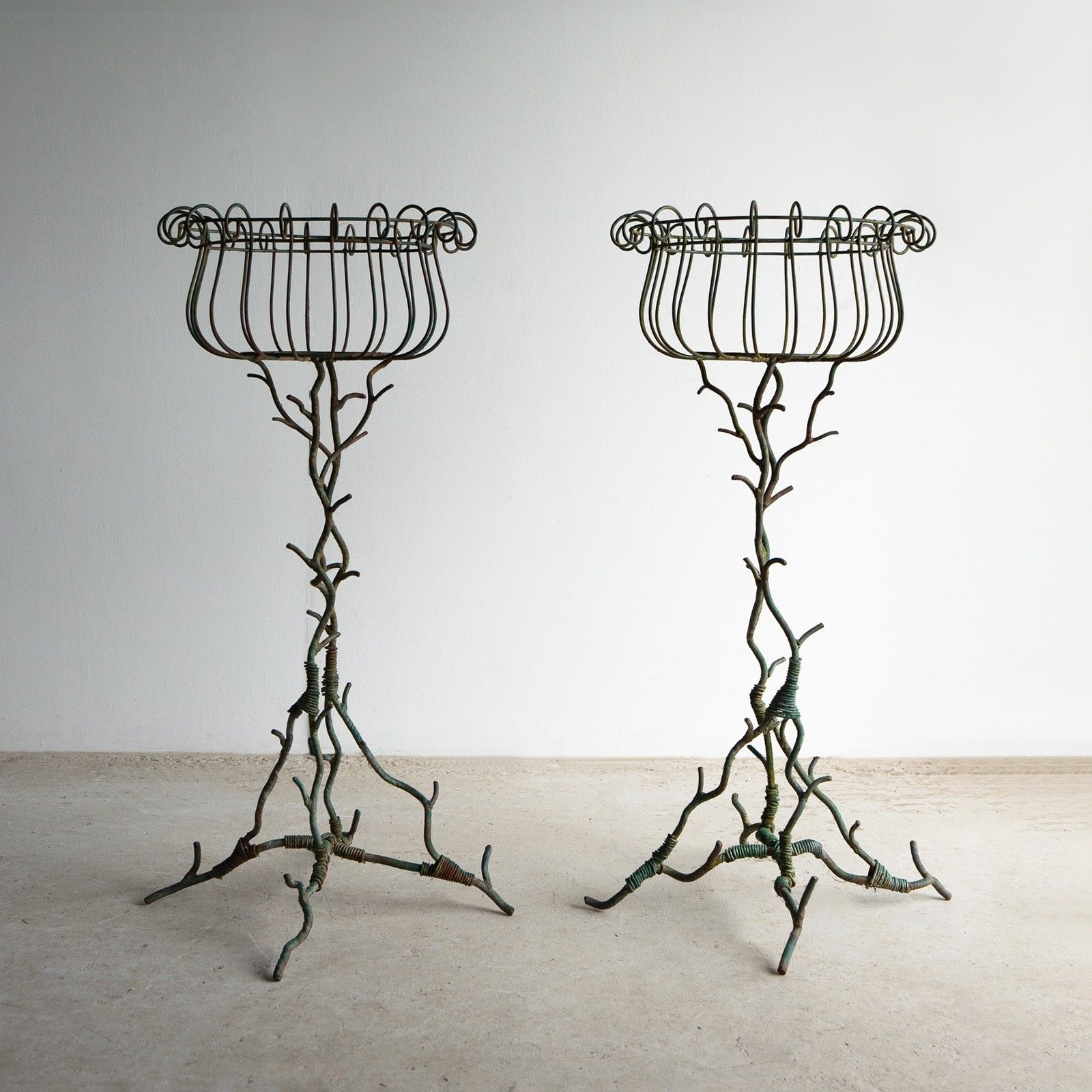 Pair Of Antique French Faux Bois Wrought Iron & Wirework Plant Stand Jardiniere