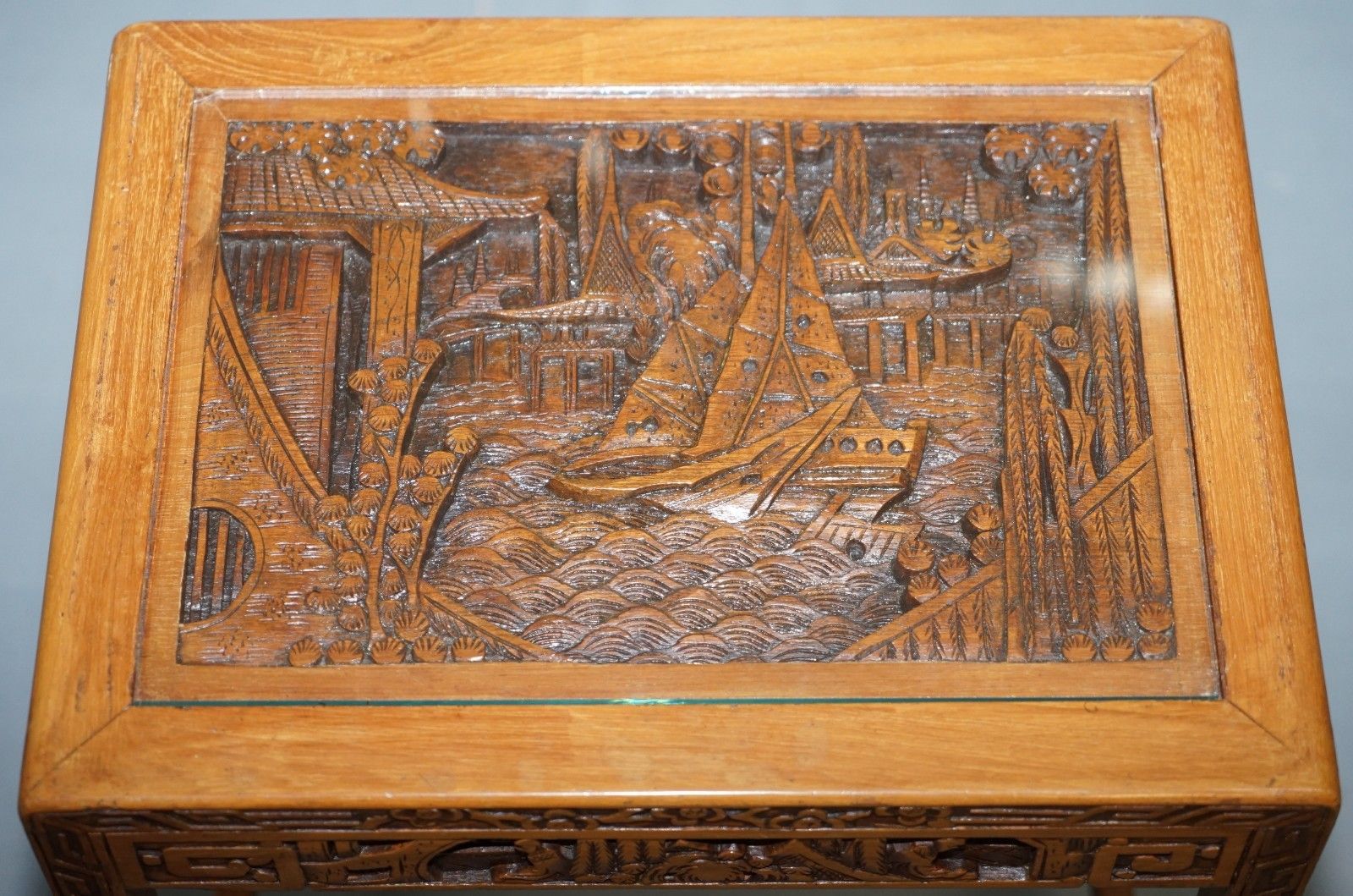 Carved Nest Of Chinese Tables Depicting Scenes Of Noblemen Dragon Boat Flowers photo vinterior