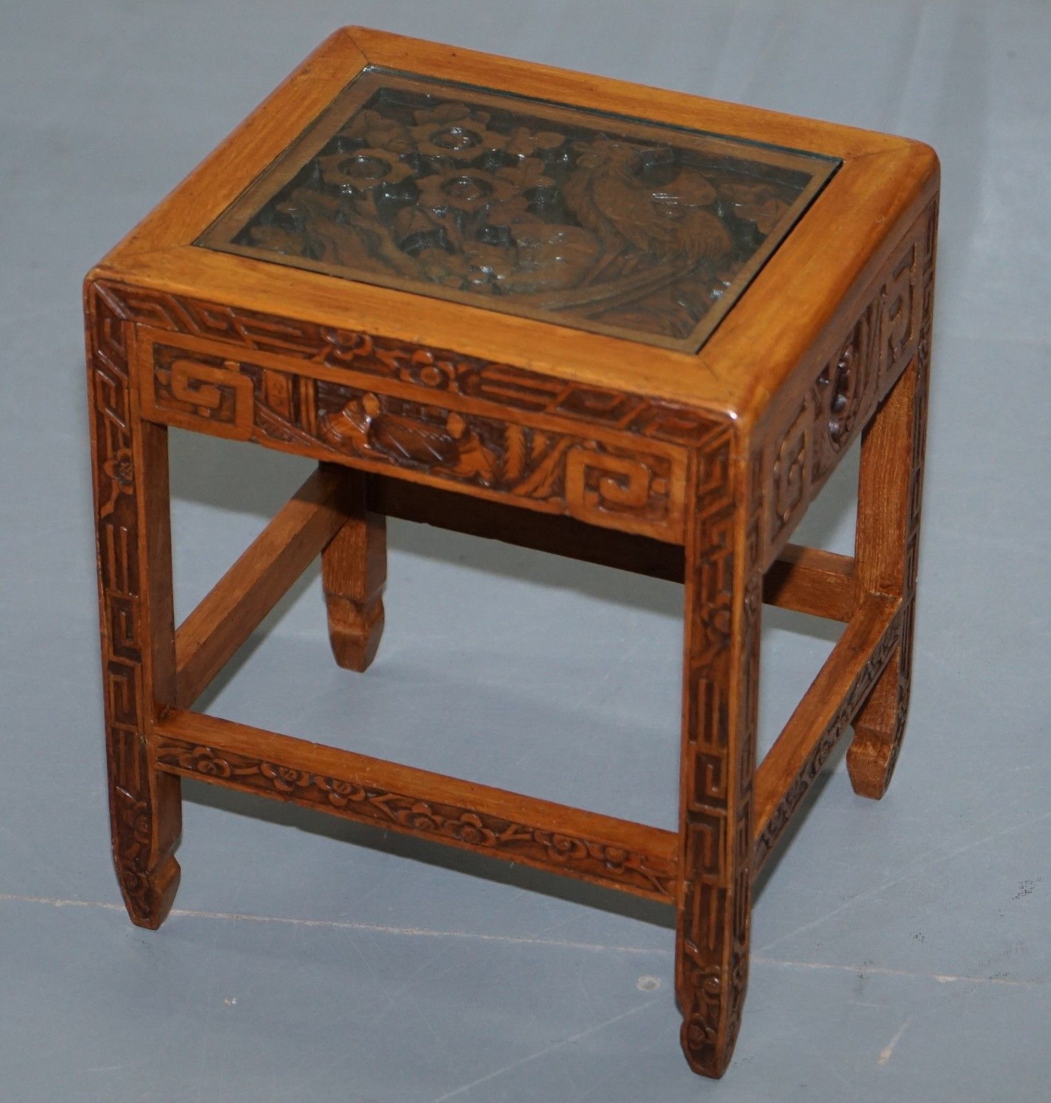 photo for sale Carved Nest Of Chinese Tables Depicting Scenes Of Noblemen Dragon Boat Flowers
