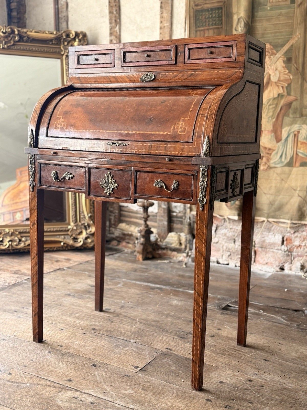 French Empire Louis XVI Marquetry Burr Antique Desk Roll Top Bureau Desk C 1880 photo 1299.0
