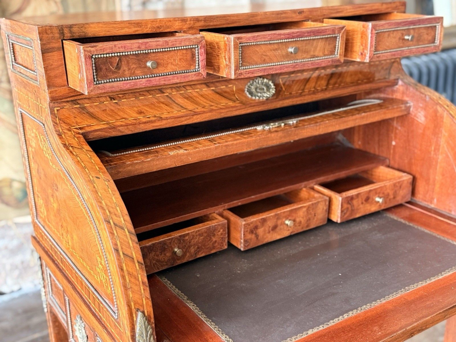 photo for sale French Empire Louis XVI Marquetry Burr Antique Desk Roll Top Bureau Desk C 1880