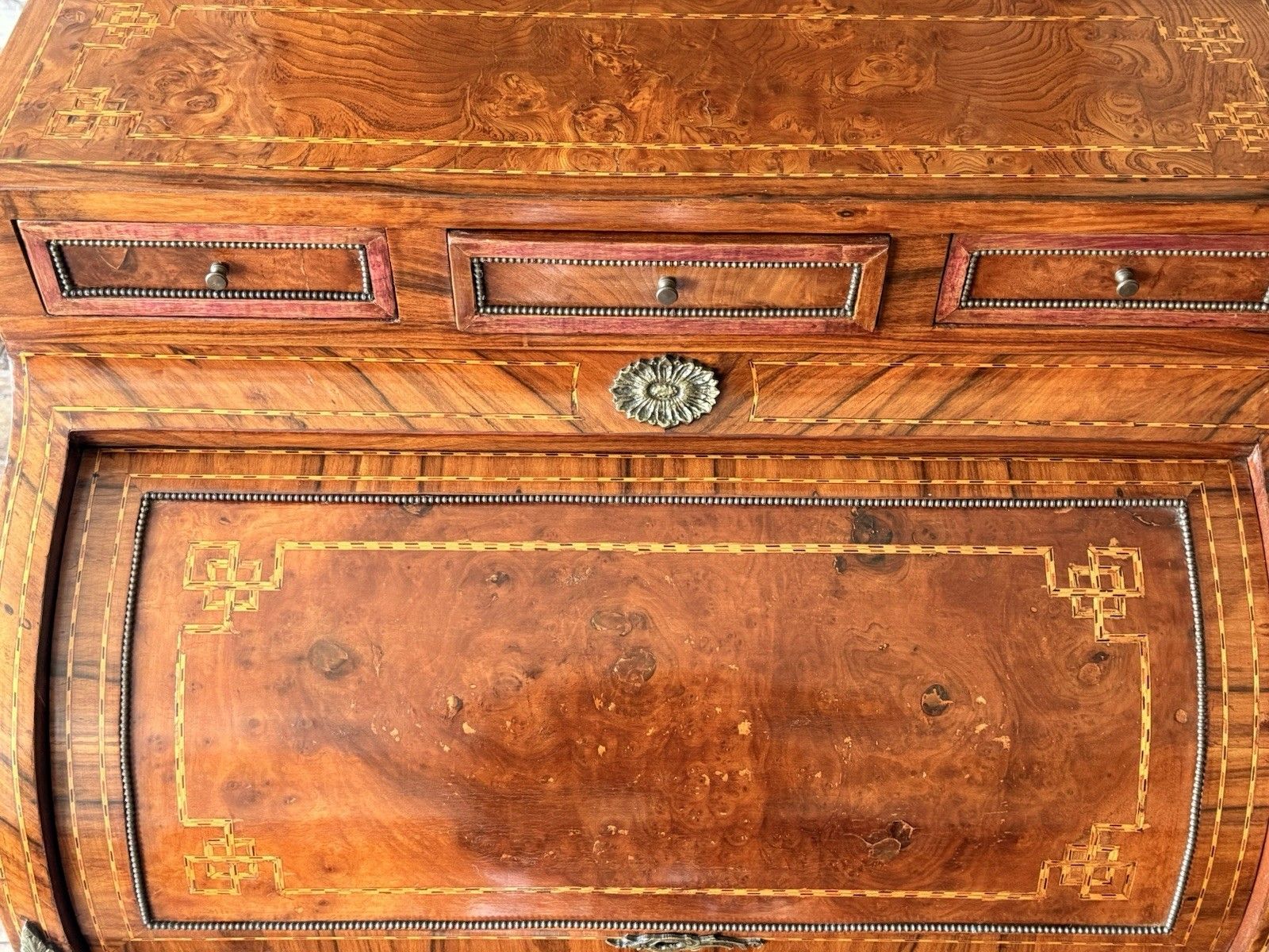 photo vinterior French Empire Louis XVI Marquetry Burr Antique Desk Roll Top Bureau Desk C 1880
