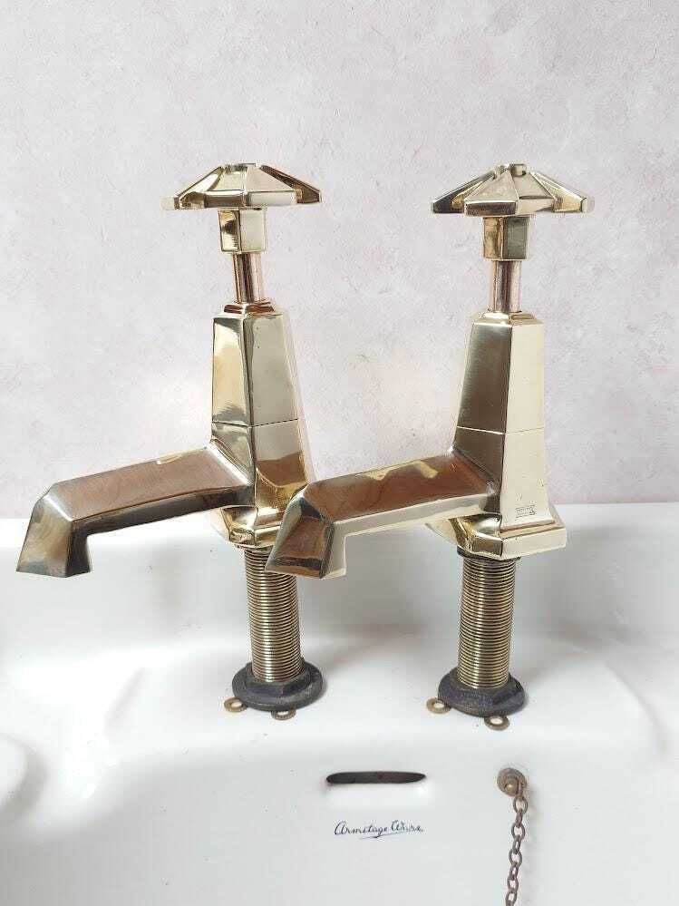 Pair Of Very Large Original Art Deco Bath Taps, Polished Brass Bathtub Faucets, 1920s Bath Taps, Overhauled And Ready To Fit photo buy