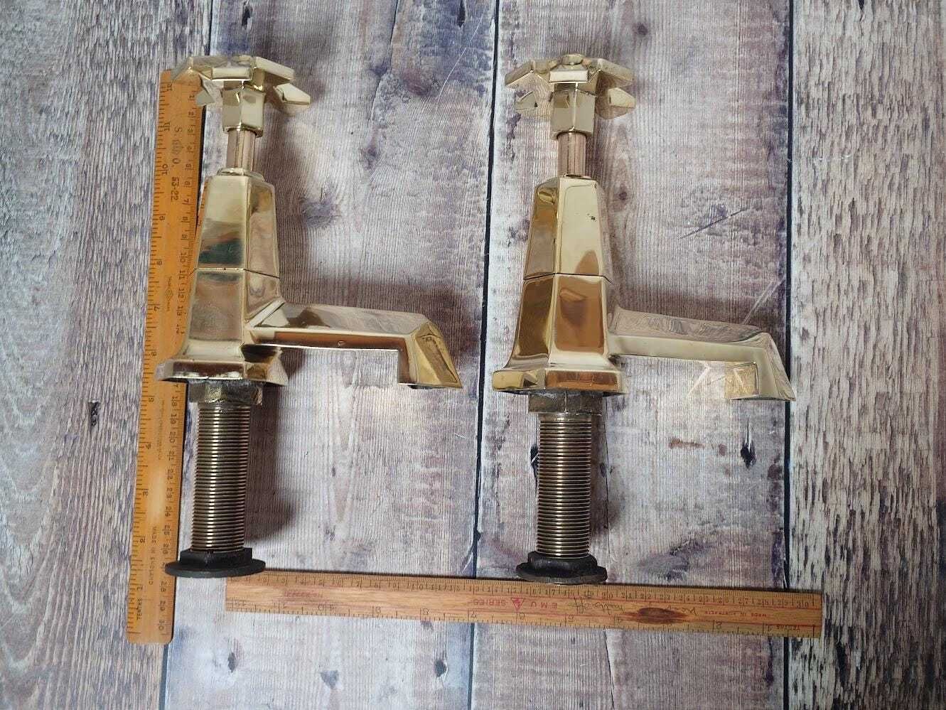 photo for sale Pair Of Very Large Original Art Deco Bath Taps, Polished Brass Bathtub Faucets, 1920s Bath Taps, Overhauled And Ready To Fit