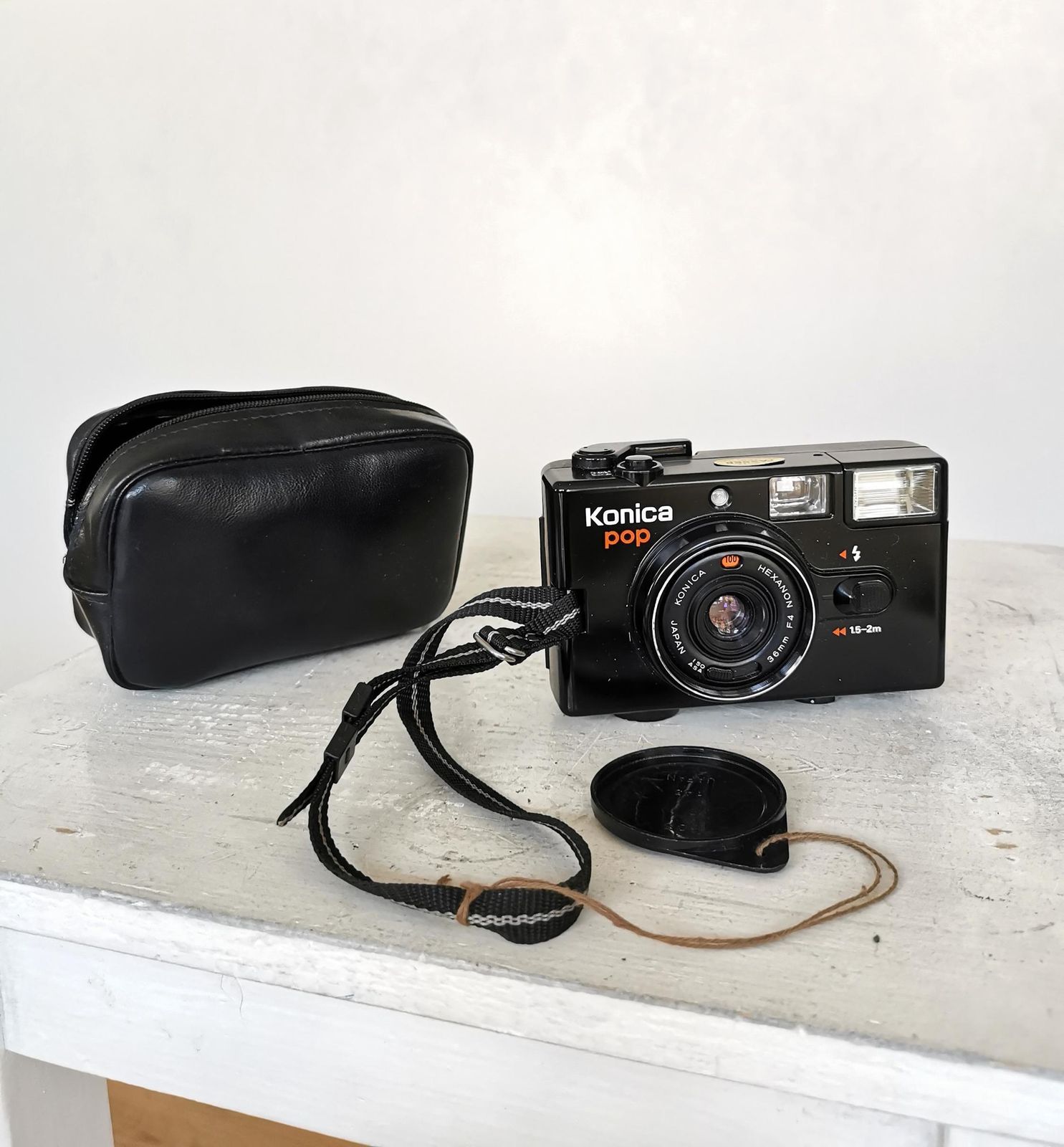 Konica Pop 35mm Film Camera With Hexanon Lens – 1980s Point And Shoot With Case And Cap