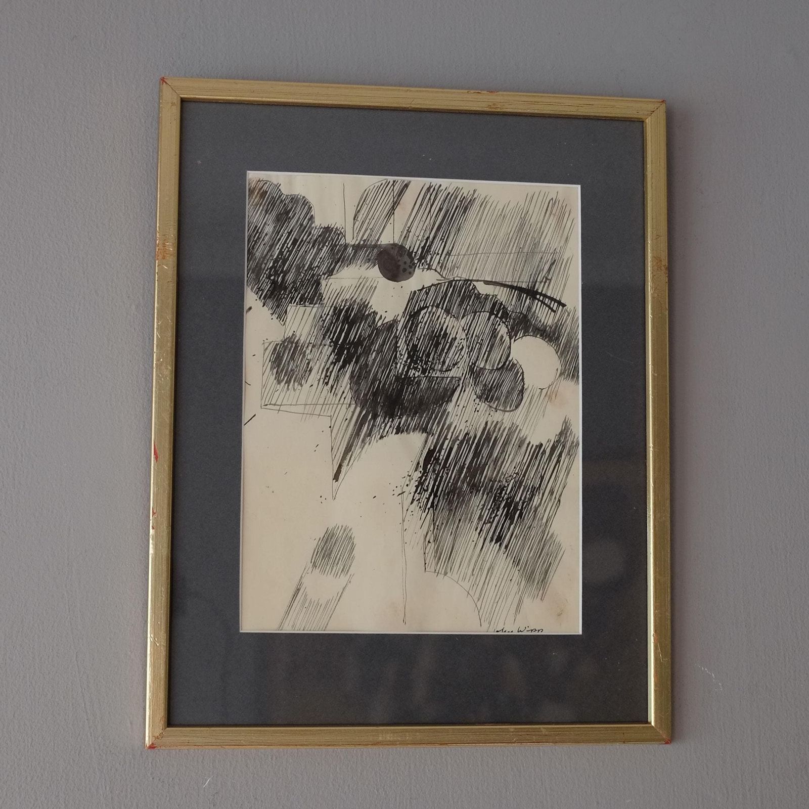 Vintage Swedish Abstract Drawing, Mid Century Art By John Wipp, Scandinavian Art