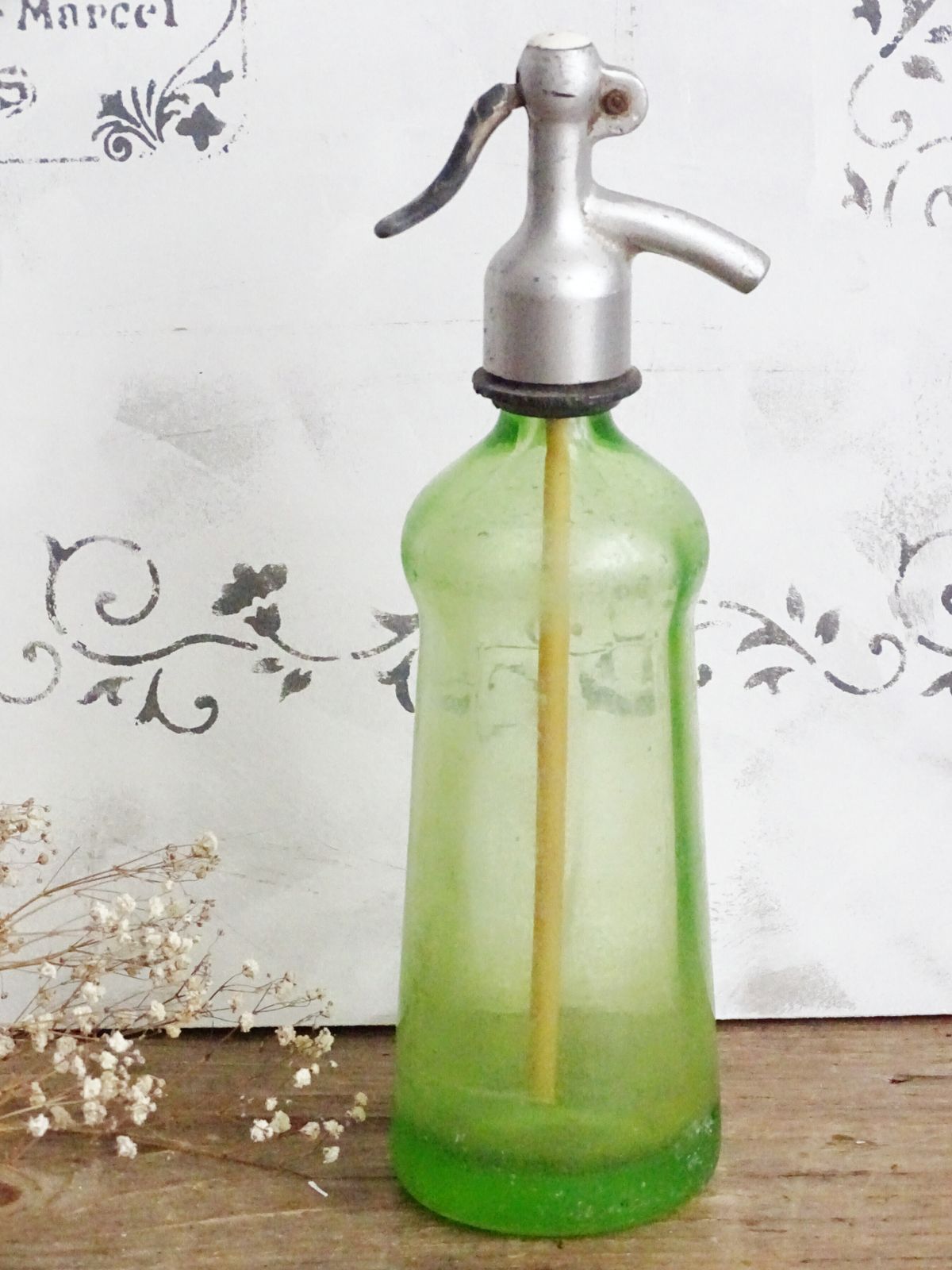 Antique Green Glass Seltzer Bottle, Syphon: Brocante Shabby Chic Decor