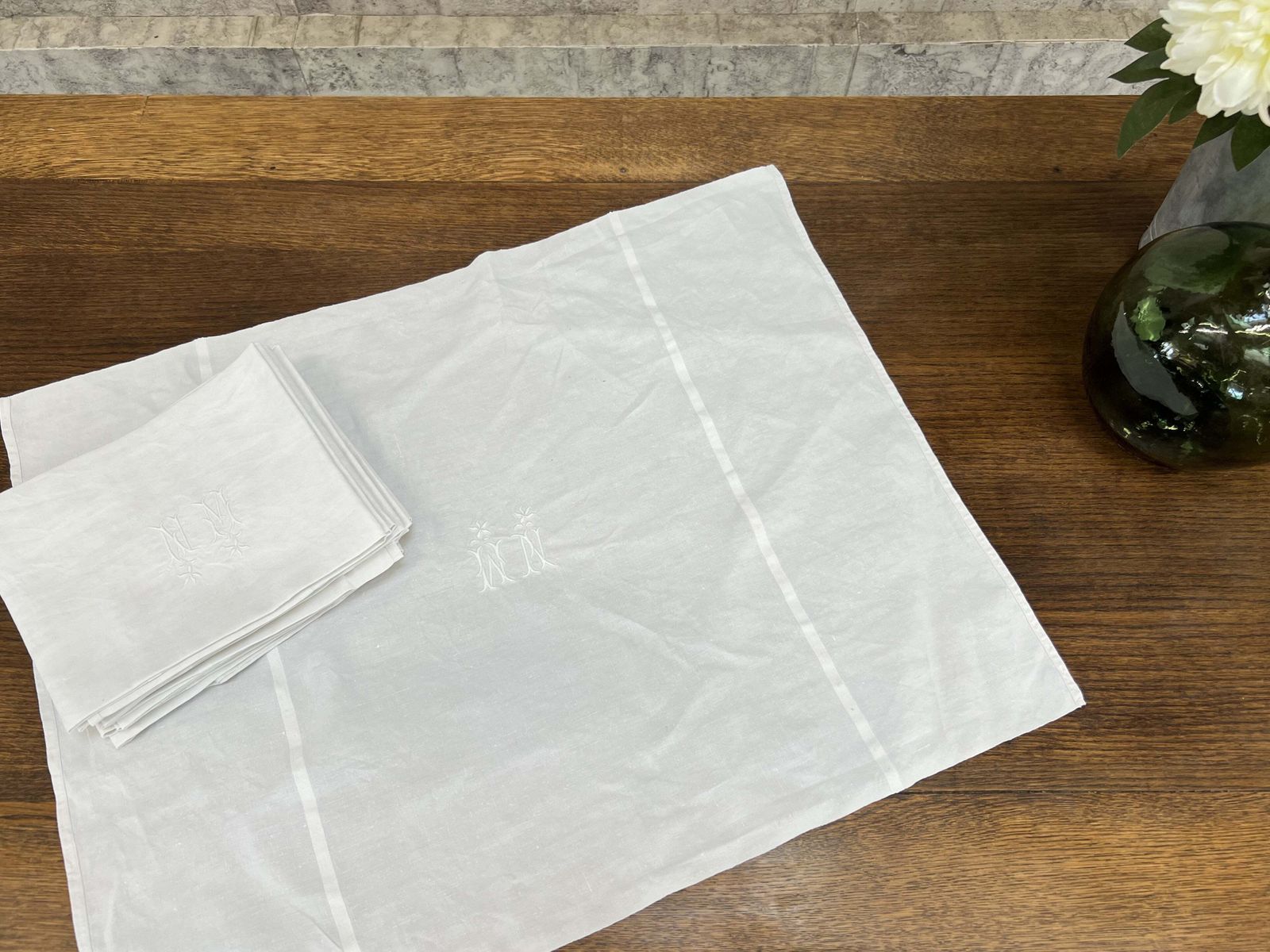 Set Of 10 French Monogrammed 'Nm', 'Wn' White Linen Vintage Serviettes Napkins