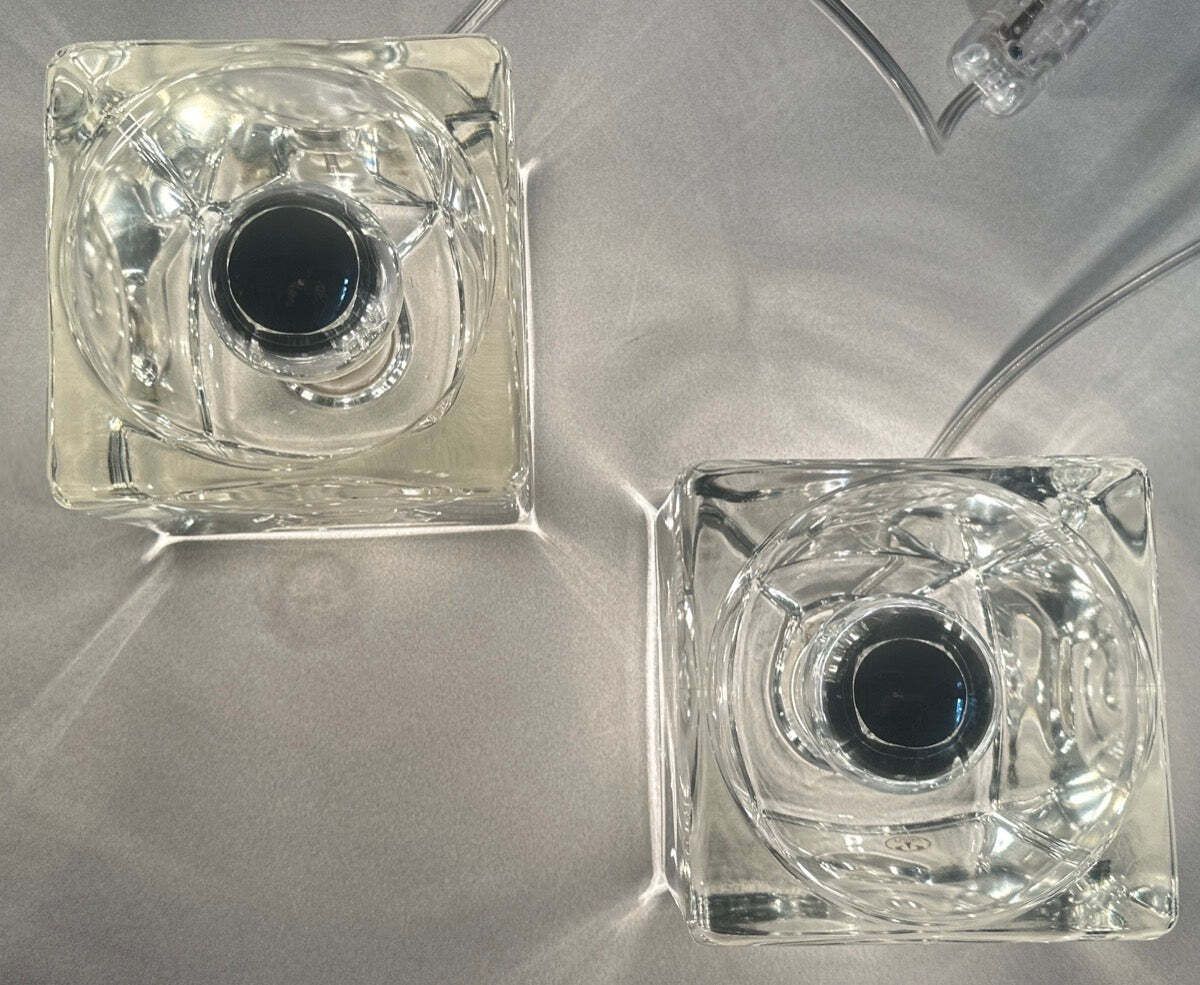 Pair Of 1970s German Peill & Putzler Clear Thick Cubed Glass Table Lamps photo vinterior