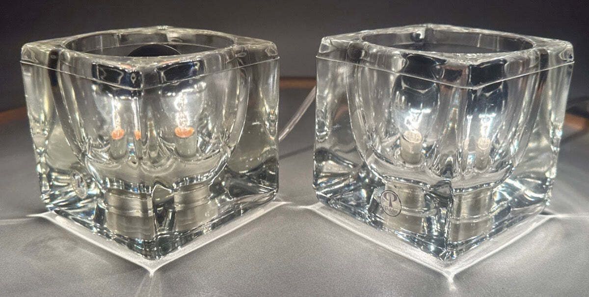 Pair Of 1970s German Peill & Putzler Clear Thick Cubed Glass Table Lamps photo buy