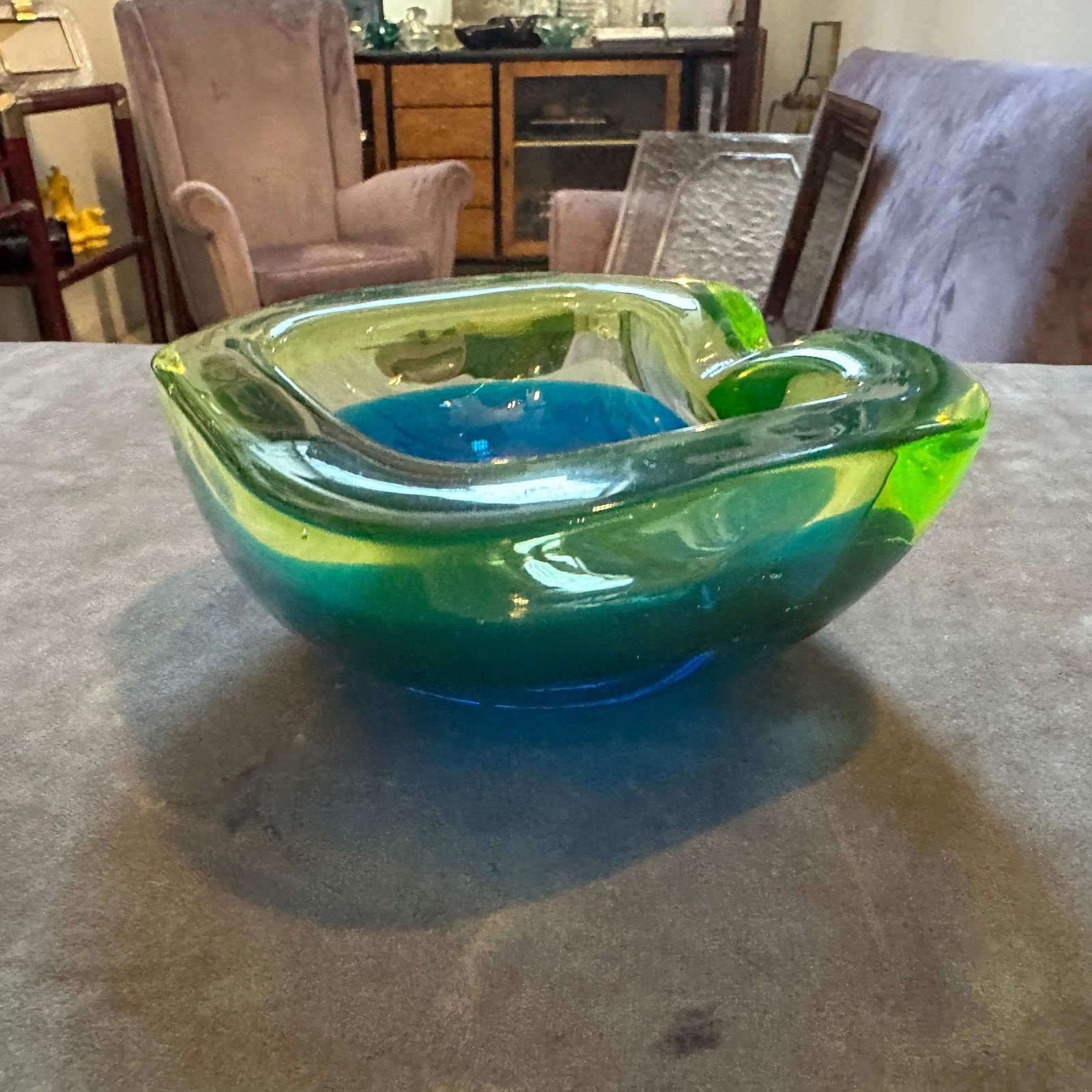 1970s Modern Blue And Green Lime Sommerso Murano Glass Ashtray By Seguso photo for sale