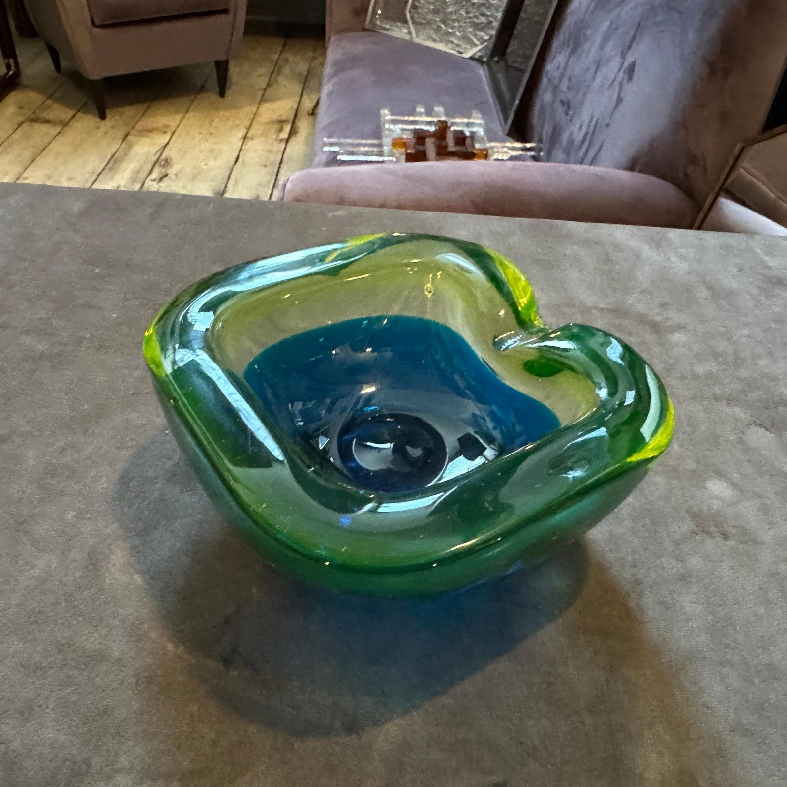 Home Decor 1970s Modern Blue And Green Lime Sommerso Murano Glass Ashtray By Seguso photo