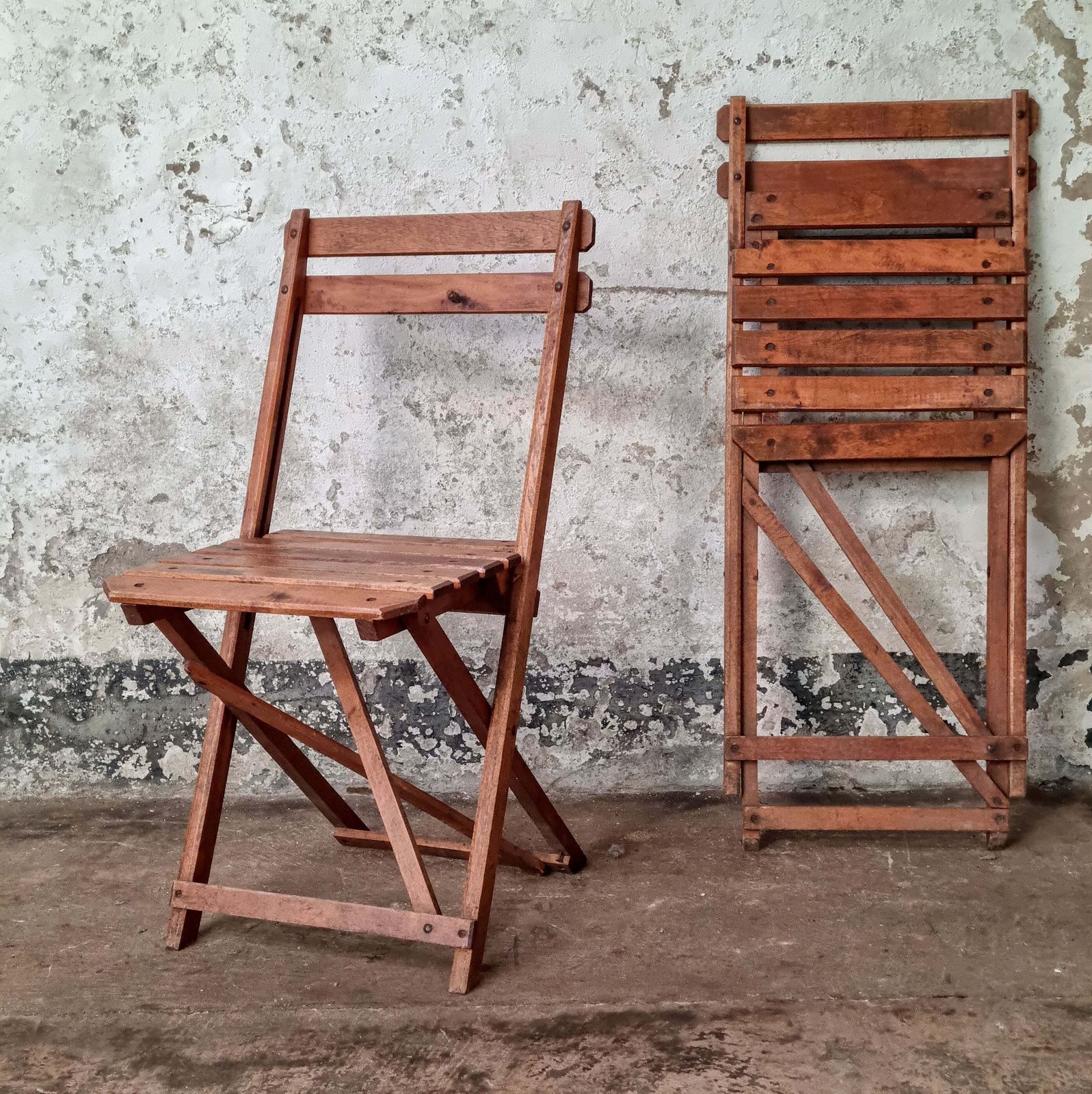 Set Of 4 Vintage Wooden Folding Chair   Slatted photo for sale