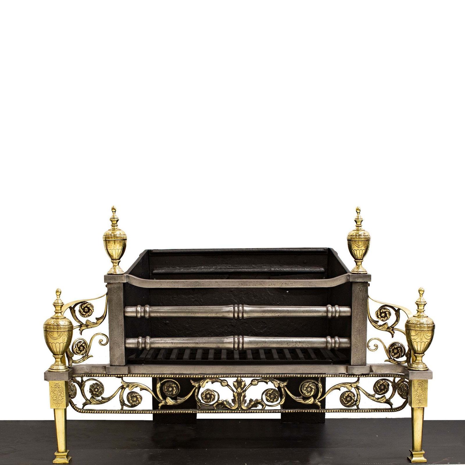 Reclaimed Polished Steel And Brass Cast Iron Fire Basket
