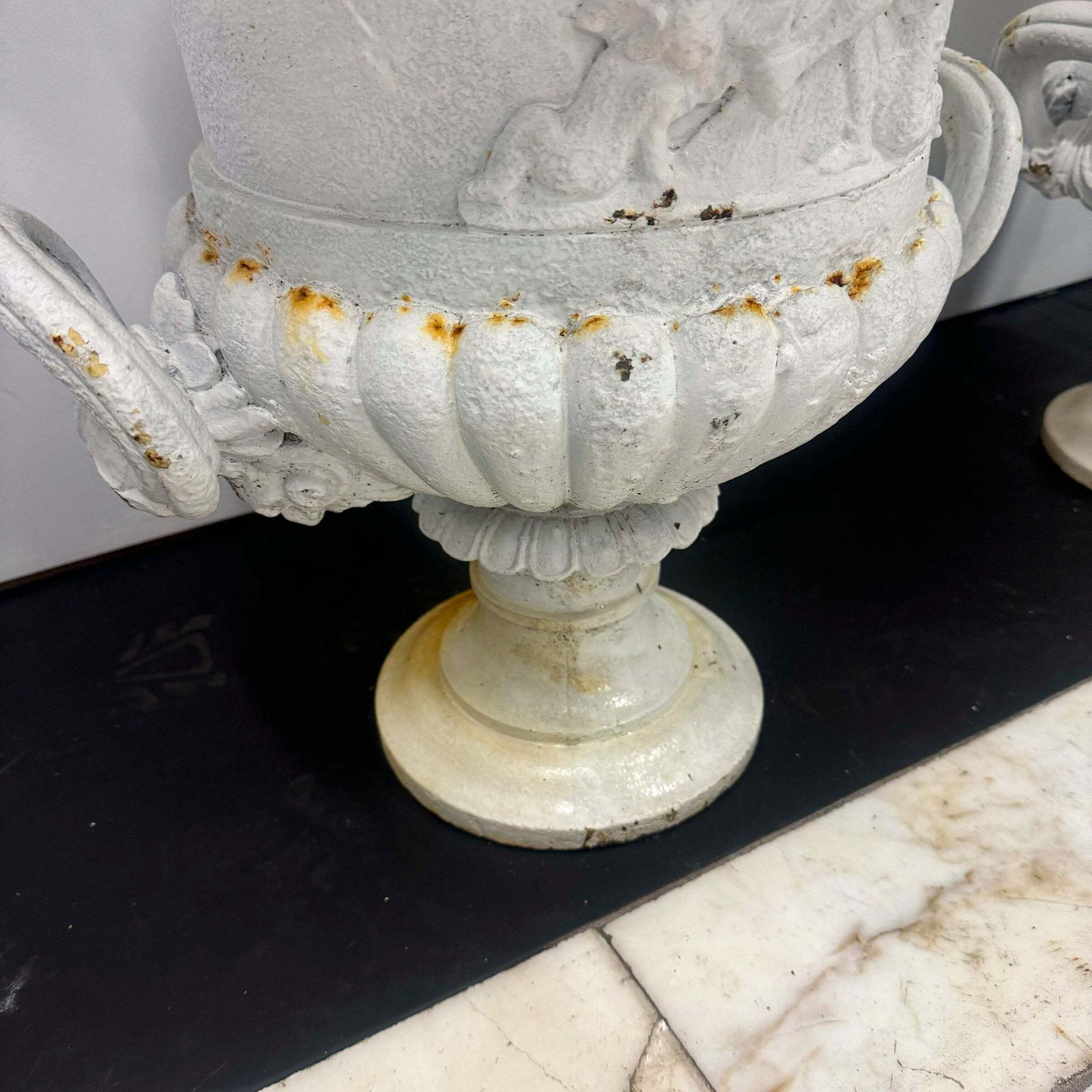 Pair Of Antique Campaign Cast Iron Urns photo vinterior