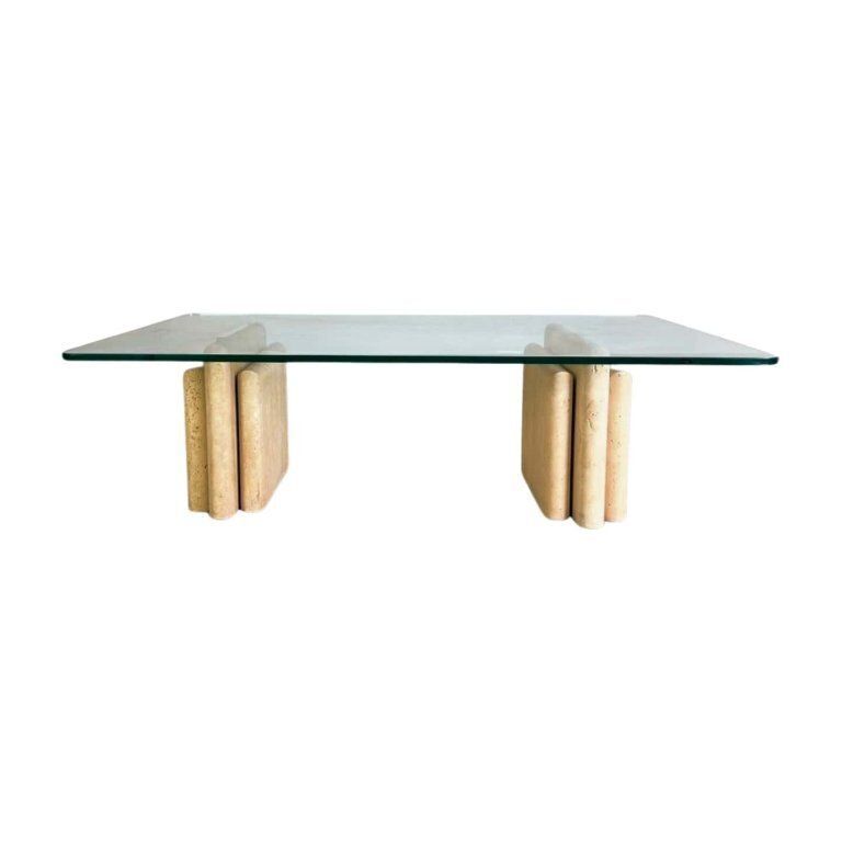 Original Midcentury Travertine Coffee Table Italy Glass Design