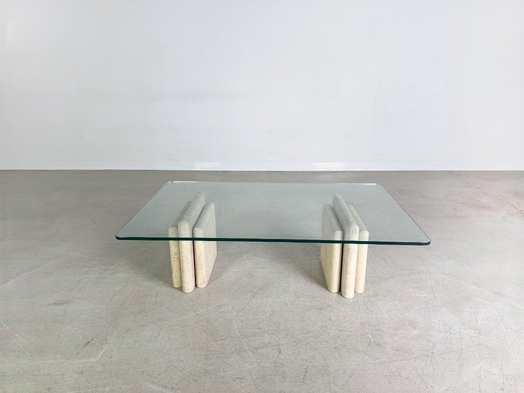 Original Midcentury Travertine Coffee Table Italy Glass Design photo for sale