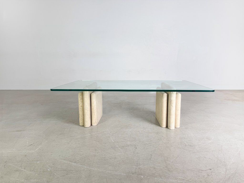 Original Midcentury Travertine Coffee Table Italy Glass Design photo Furniture