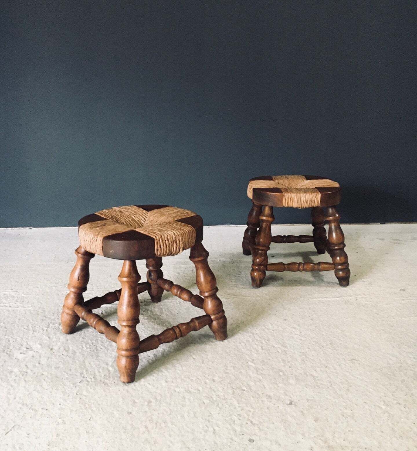 Rustic Design Low Oak & Rush Stools, France 1940's photo Furniture