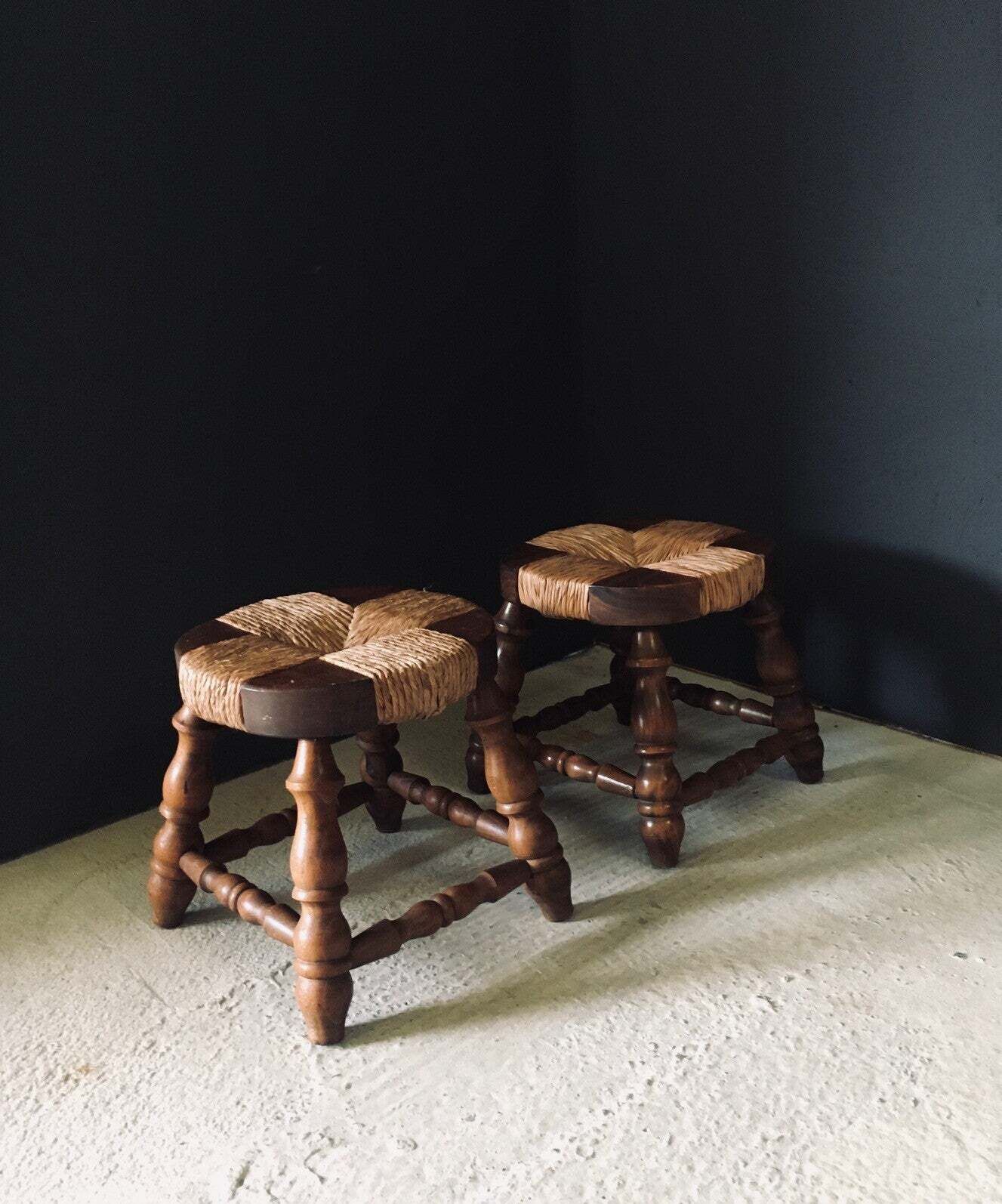 Rustic Design Low Oak & Rush Stools, France 1940's photo buy