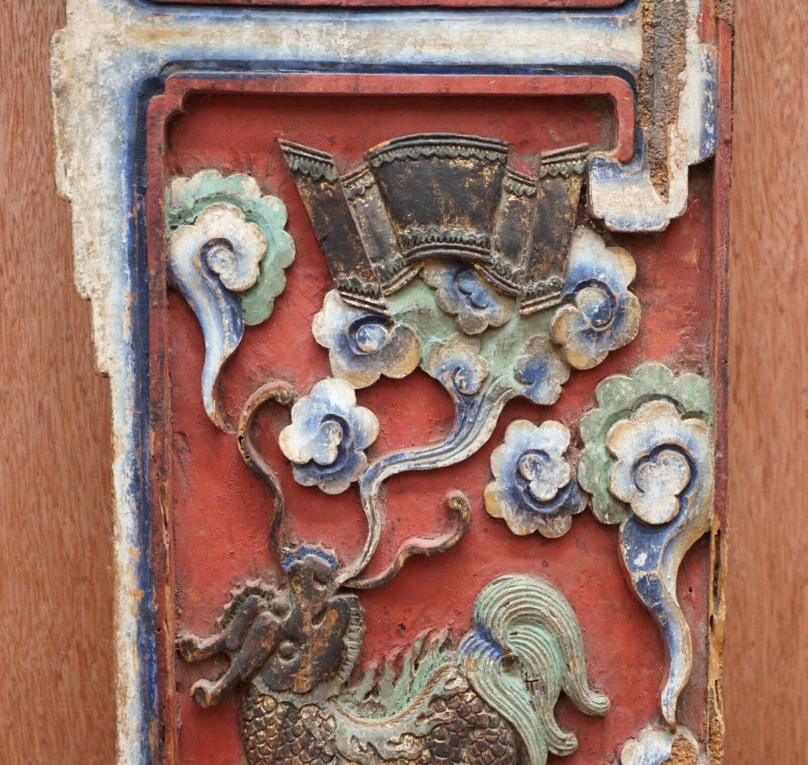 Chinese Circa 1860 Antique Victorian Original Paint Carved Wood Wall Panel photo vinterior