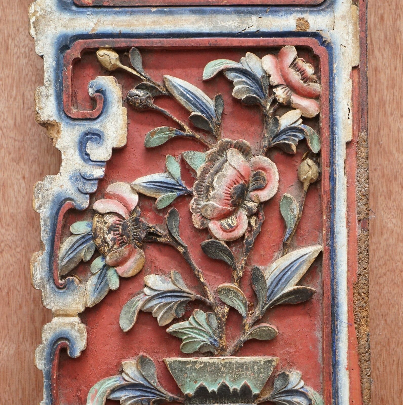 Chinese Circa 1860 Antique Victorian Original Paint Carved Wood Wall Panel photo vintage