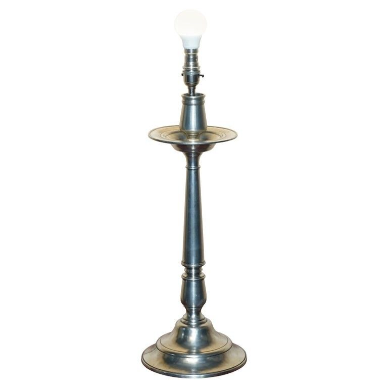 Large Owl Stamped Arte Italica Tavola Marinoni Candlestick Pewter Lamp
