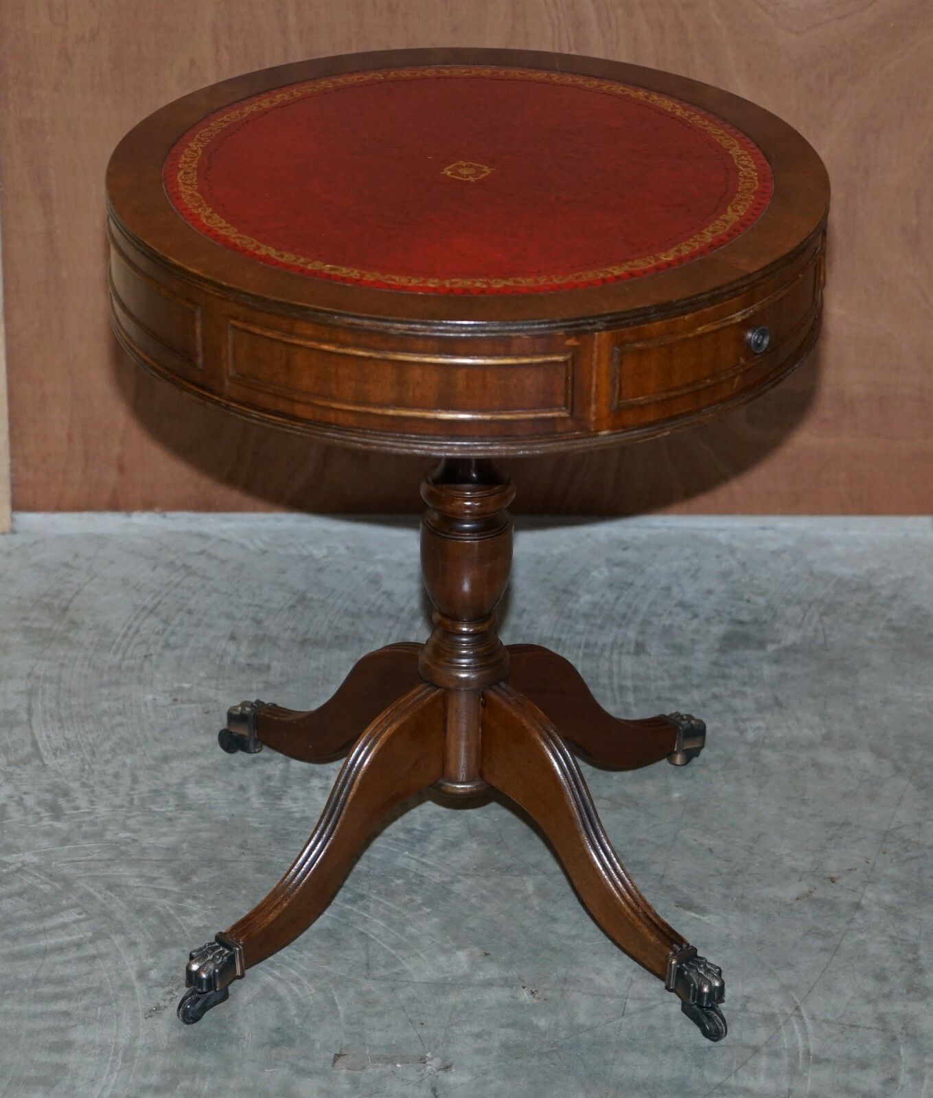 Regency Style Mahogany Oxblood Leather Side End Lamp Wine Drum Table Drawers photo furniture