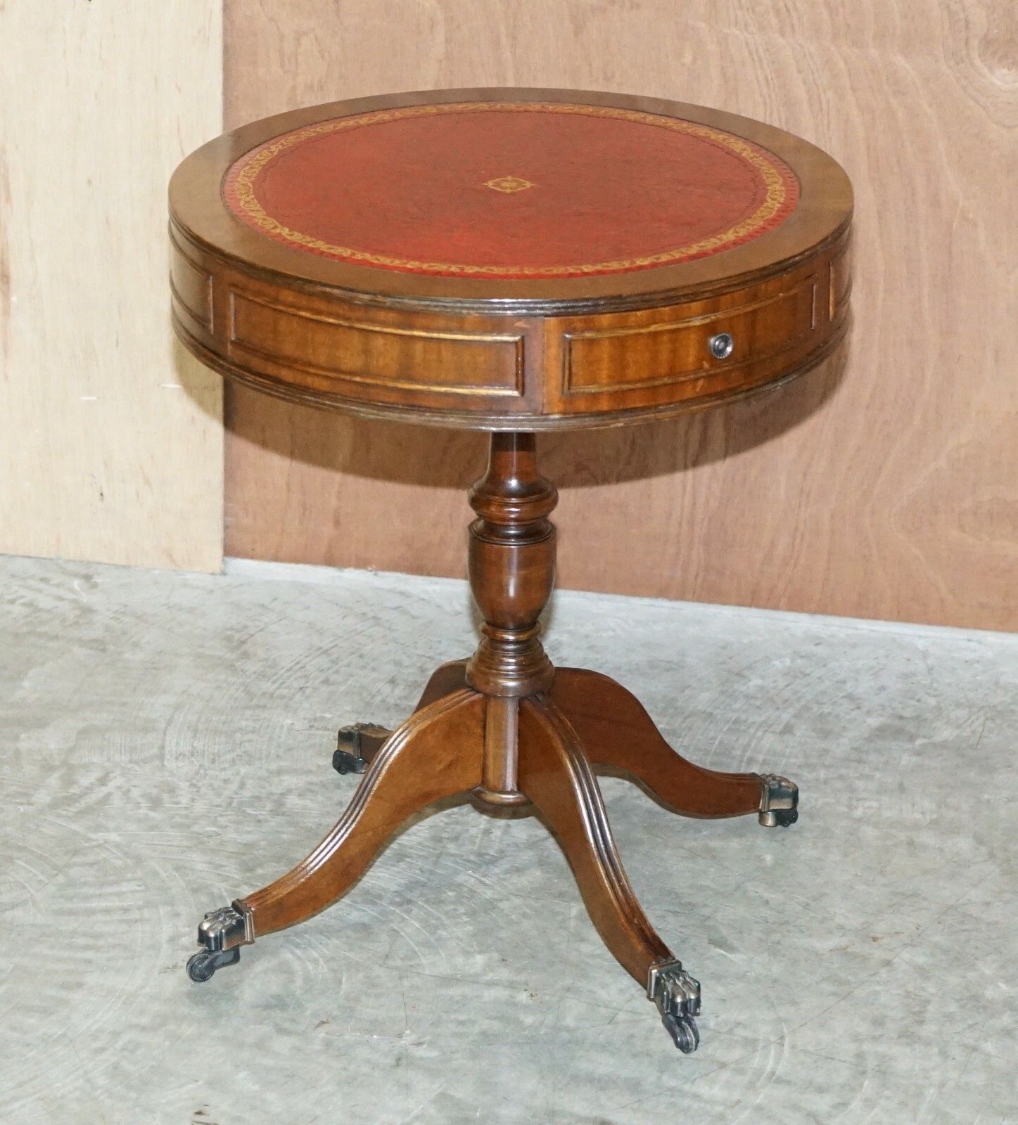 Regency Style Mahogany Oxblood Leather Side End Lamp Wine Drum Table Drawers photo for sale