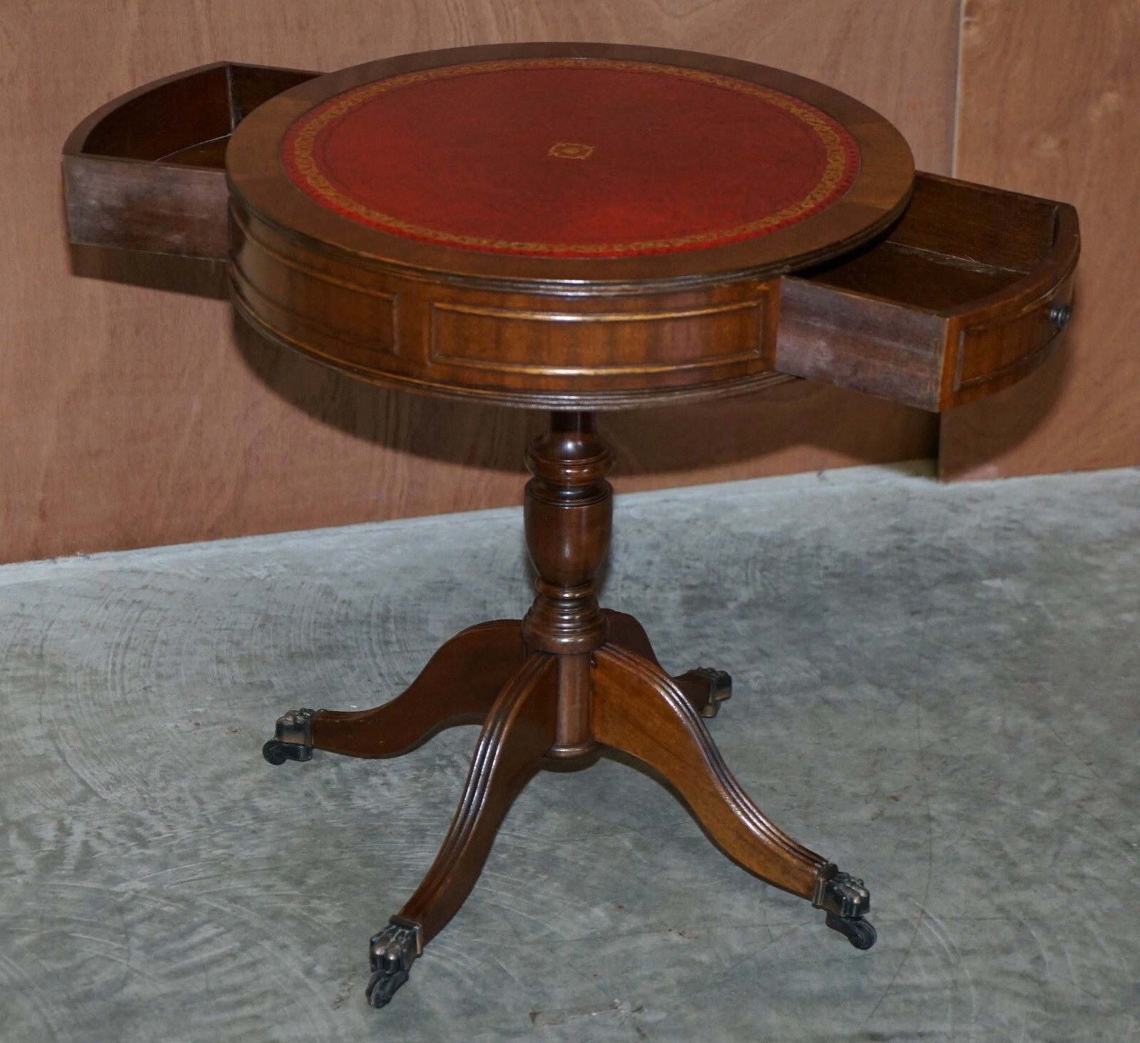 Furniture Regency Style Mahogany Oxblood Leather Side End Lamp Wine Drum Table Drawers photo