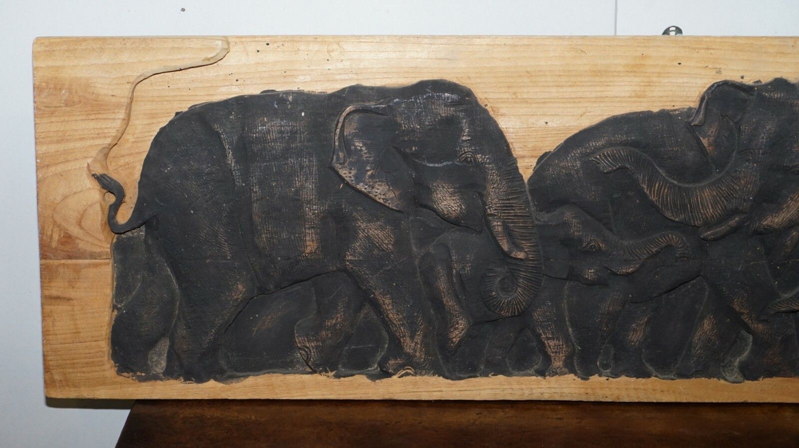 Lovely Vintage Carved Wood Display Depicting A Herd Of Elephants Circa 1960's photo for sale