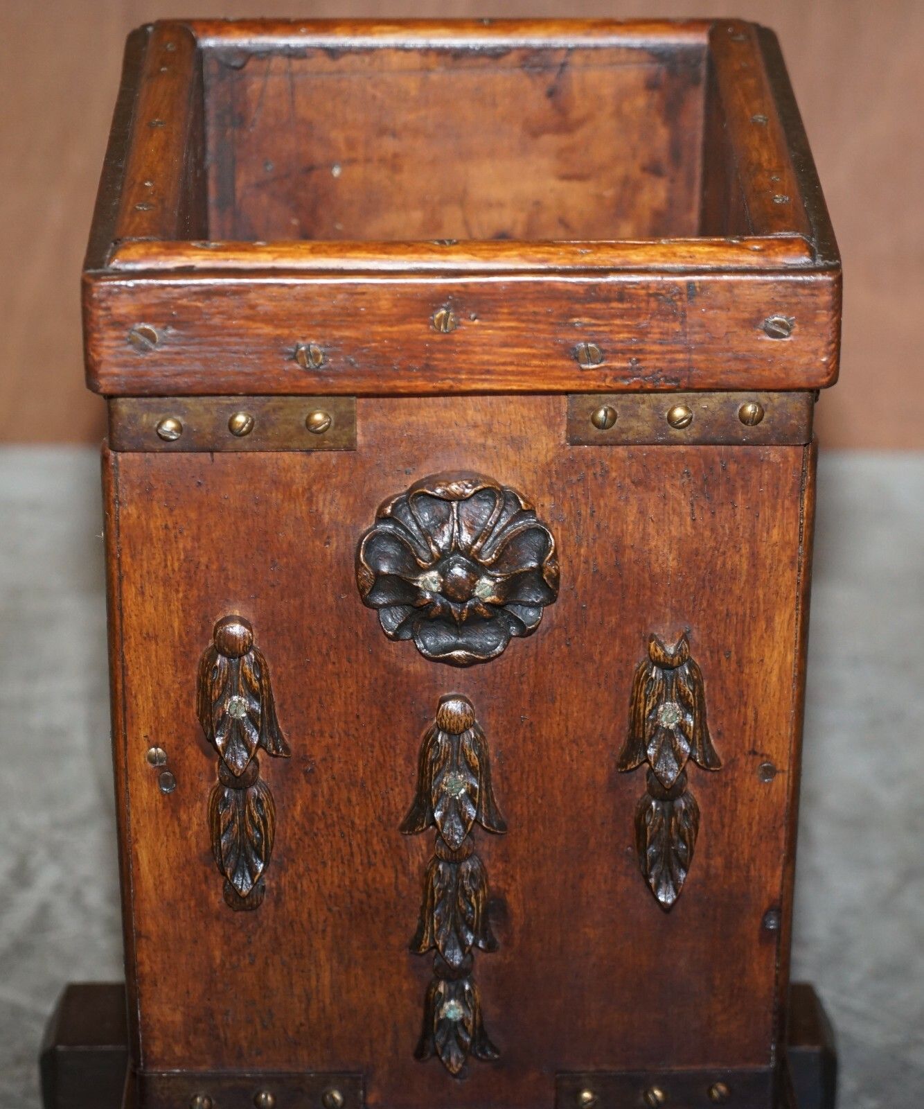 Lovely Hand Carved Circa 1880 English Oak Wastepaper Bin Nice And Decorative photo for sale