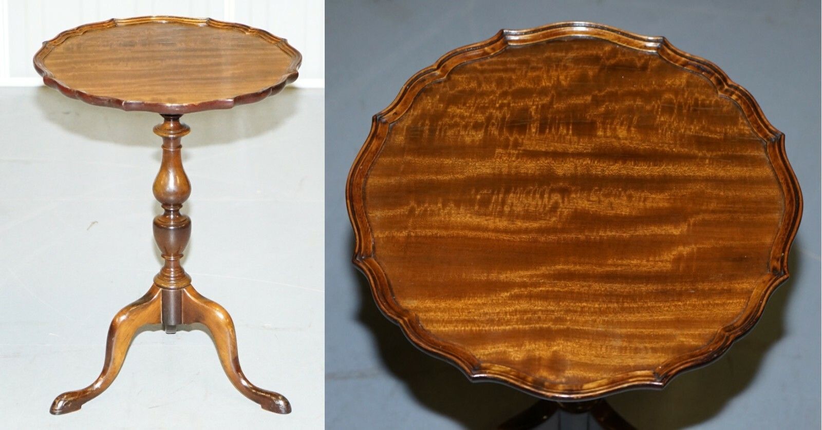 Stunning Vintage Light Mahogany Pie Crust Edge Tripod Lamp Side End Wine Table photo furniture