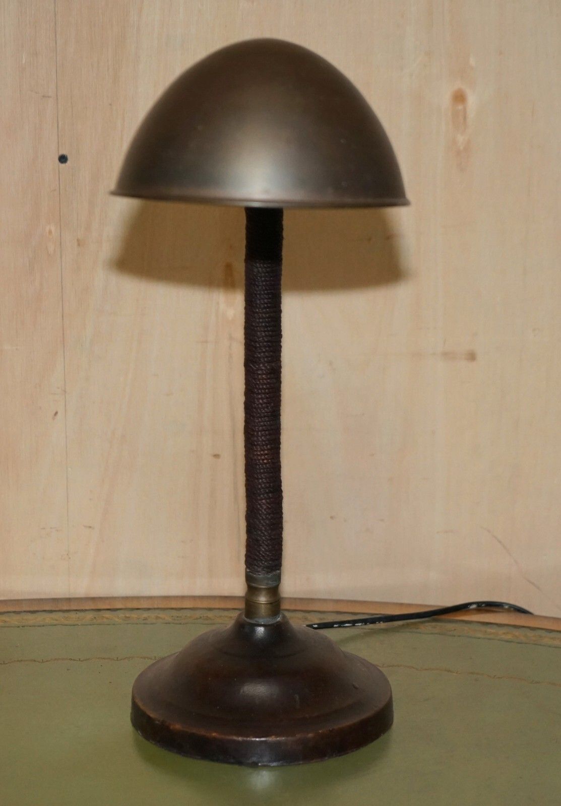 Stunning Antique Circa 1930's Art Deco Bankers Table Lamp Stitched Leather Rope photo for sale