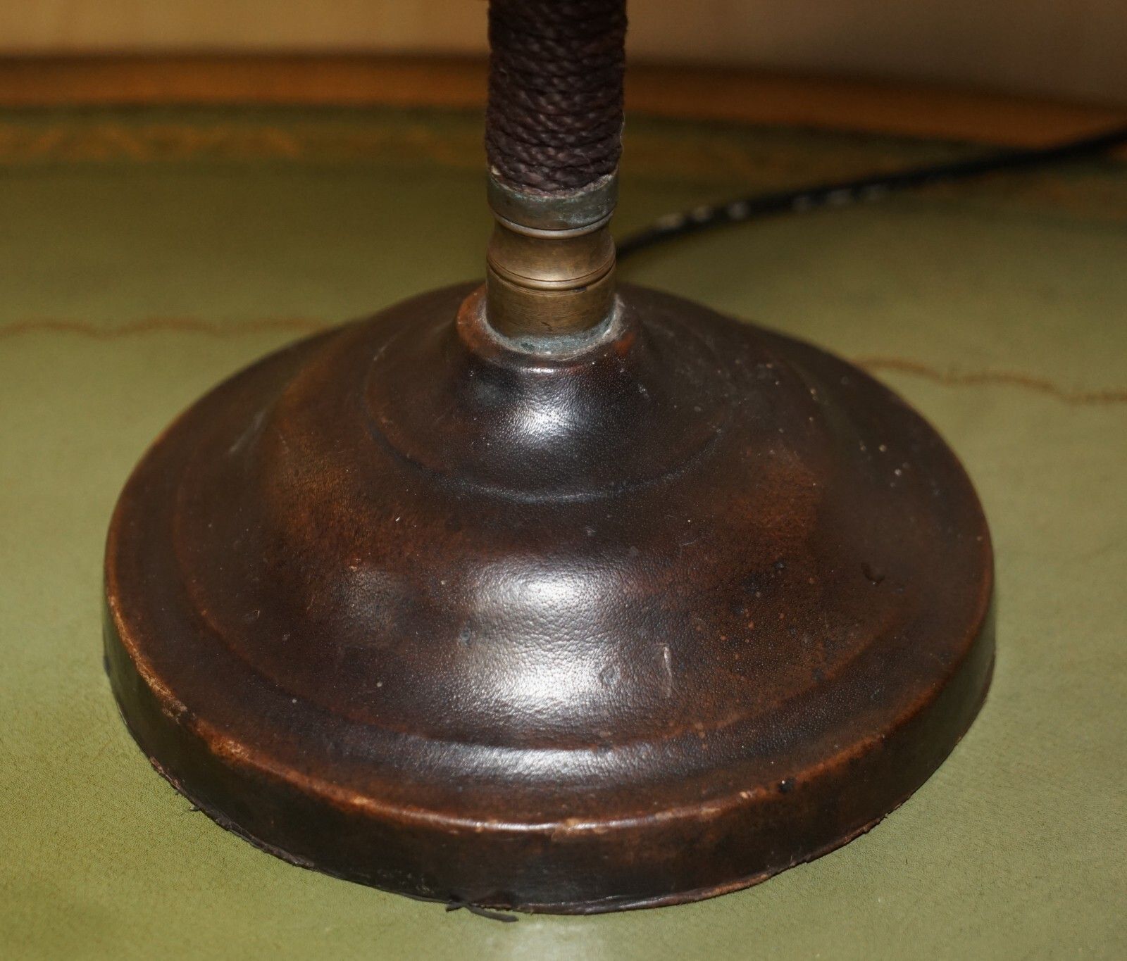 Stunning Antique Circa 1930's Art Deco Bankers Table Lamp Stitched Leather Rope photo vinterior