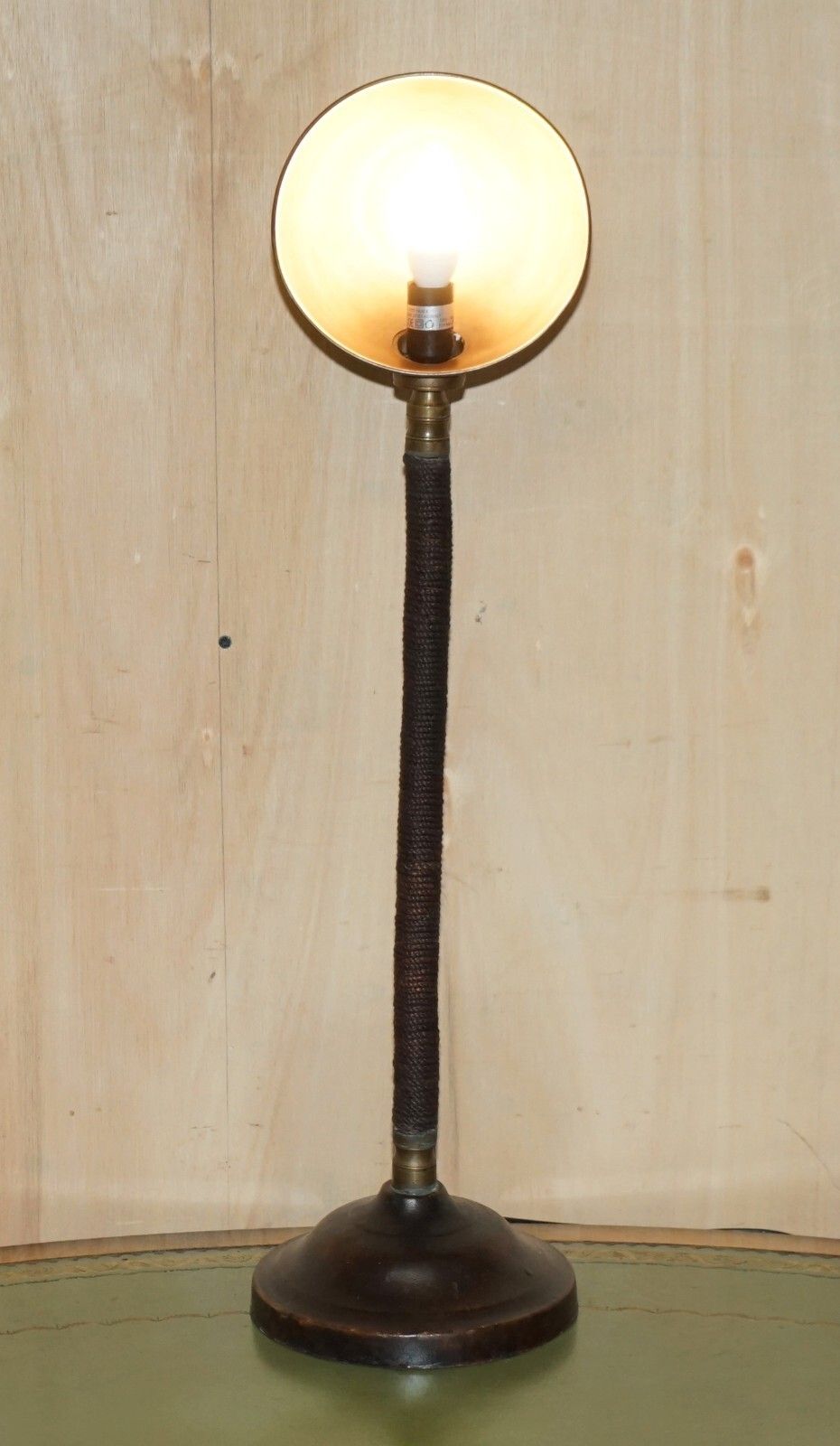 475.0 Stunning Antique Circa 1930's Art Deco Bankers Table Lamp Stitched Leather Rope photo