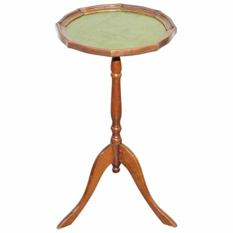 Bevan Funell England Green Leather Vintage Mahogany Tripod Lamp Side End Table