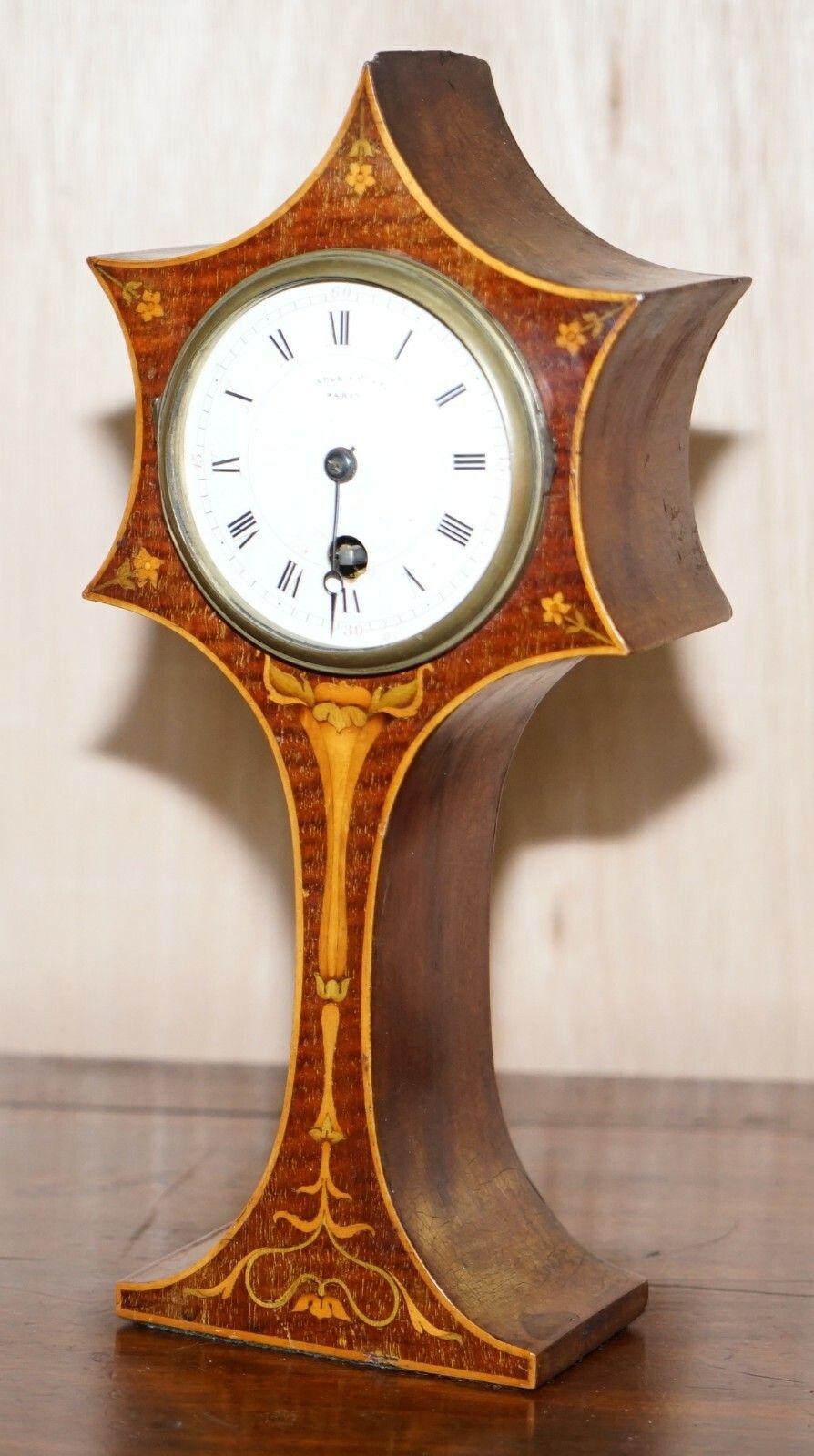 Stunning Maple & Co Paris Art Nouveau Mahogany Marquetry Inlaid Mantle Clock photo for sale