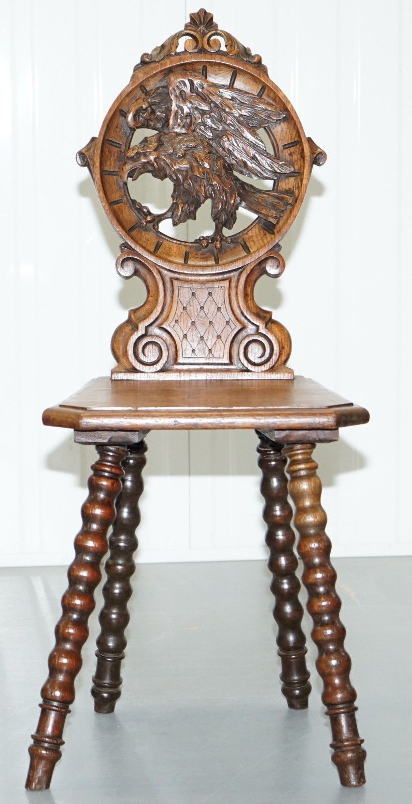 Rare 19th Century Black Forest Carved Hall Chair Hand Carved Hawk Bobbin Turned photo furniture