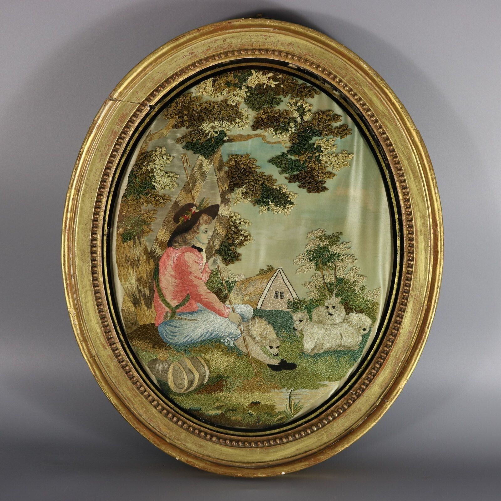 Pair Silkwork Embroidered Pictures Of Shepherd & Shepherdess photo furniture