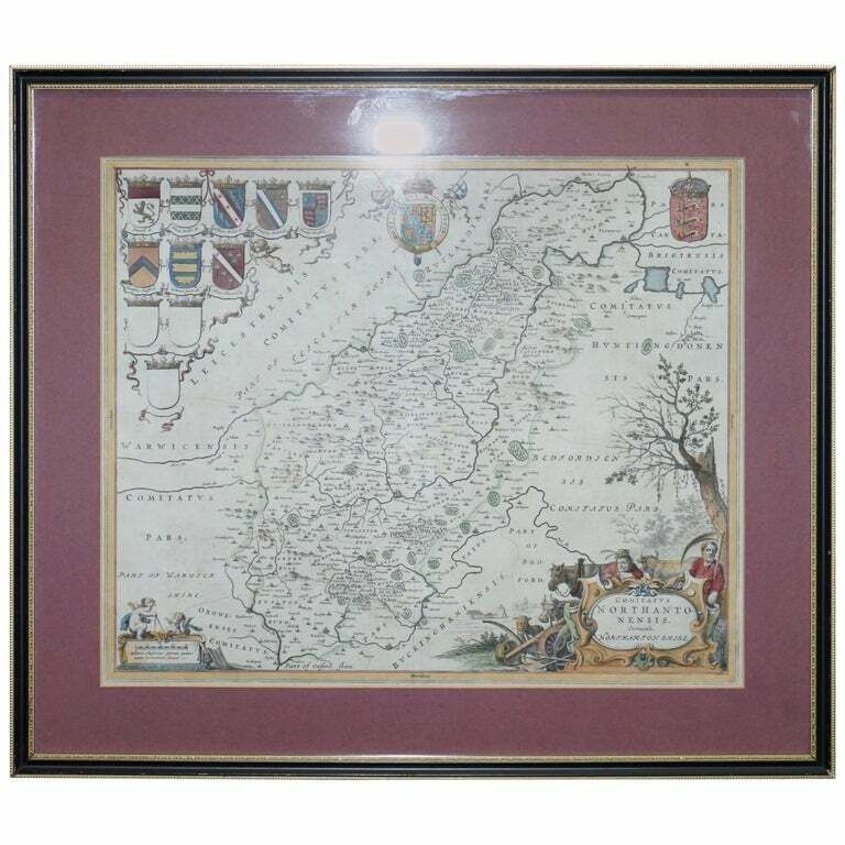 Double Sided Northamptonshire 1645 Hand Coloured Antique Print Map Rare Find
