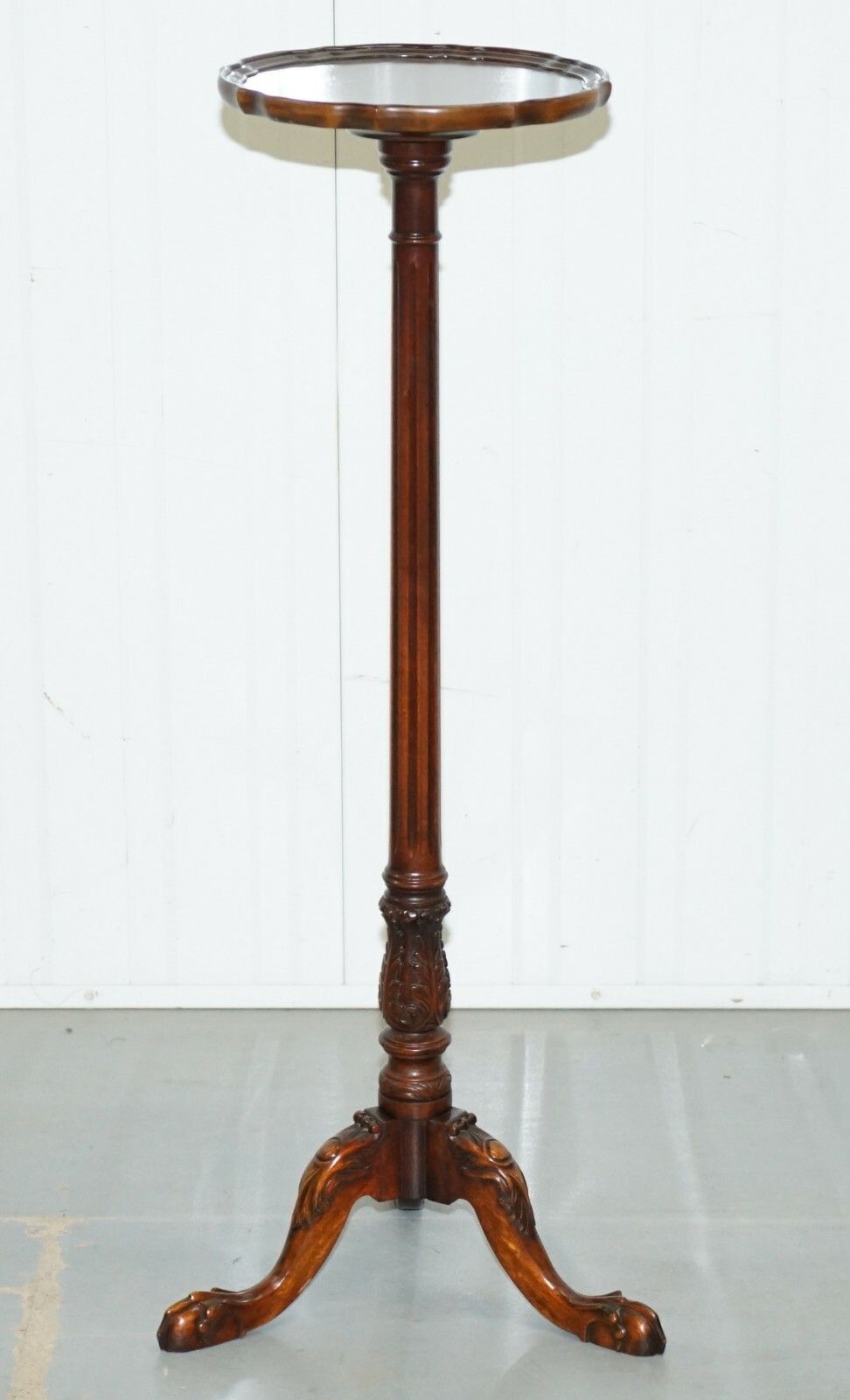 Tall Hand Carved Mahogany Jardiniere Stand, Claw & Ball Feet Scalloped Edge Top photo furniture