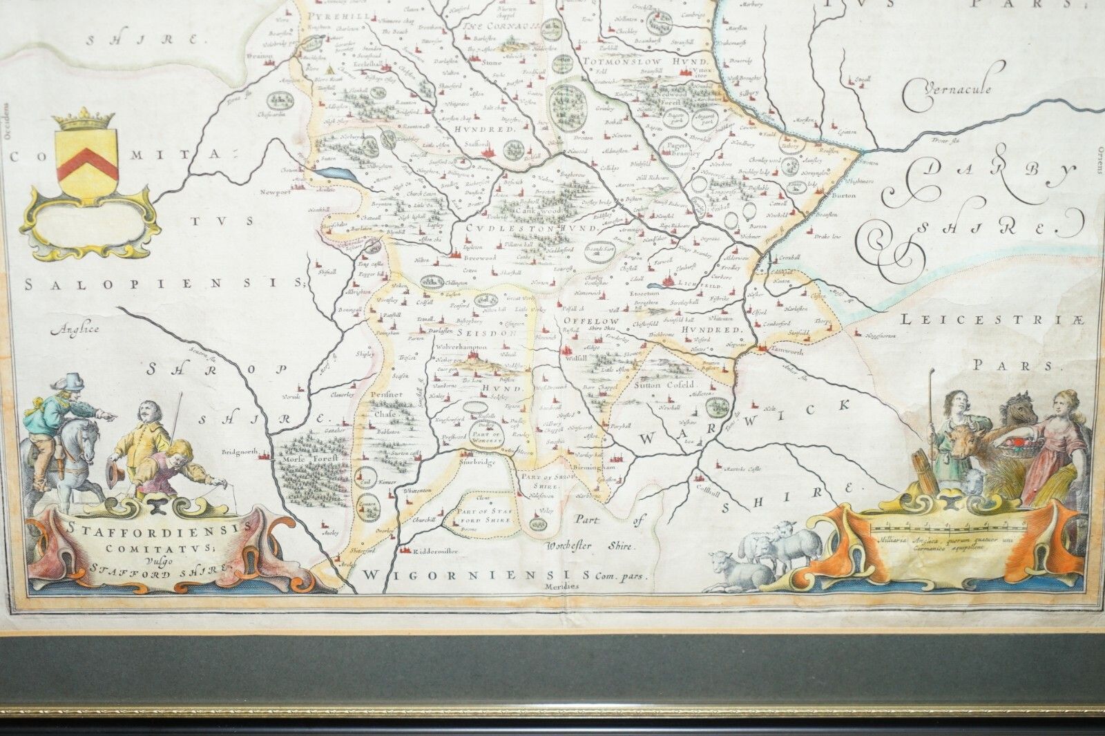 Double Sided And Glazed Cheshire 1645 Hand Coloured Antique Print Map Rare Find photo vintage
