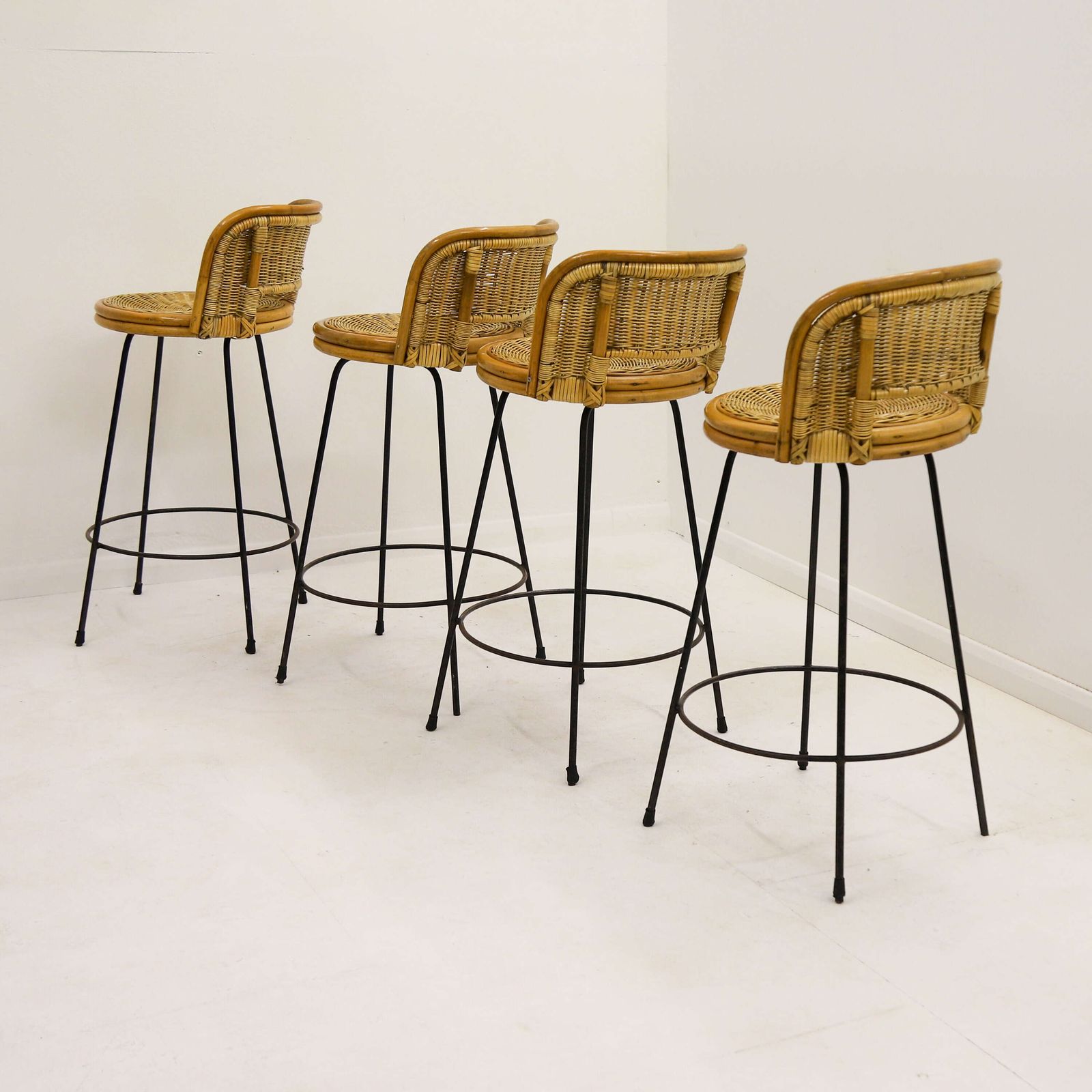 Set Of Four Mid‑Century Rattan Bar Stools   In The Manner Of Seng Of Chicago, C.1960s photo for sale