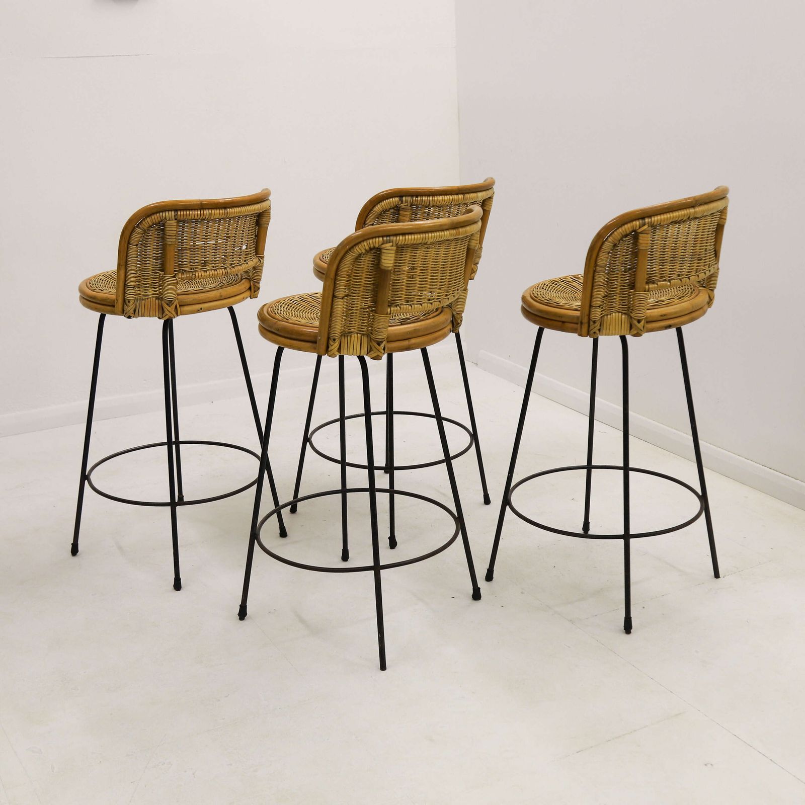 Set Of Four Mid‑Century Rattan Bar Stools   In The Manner Of Seng Of Chicago, C.1960s photo 1050.0